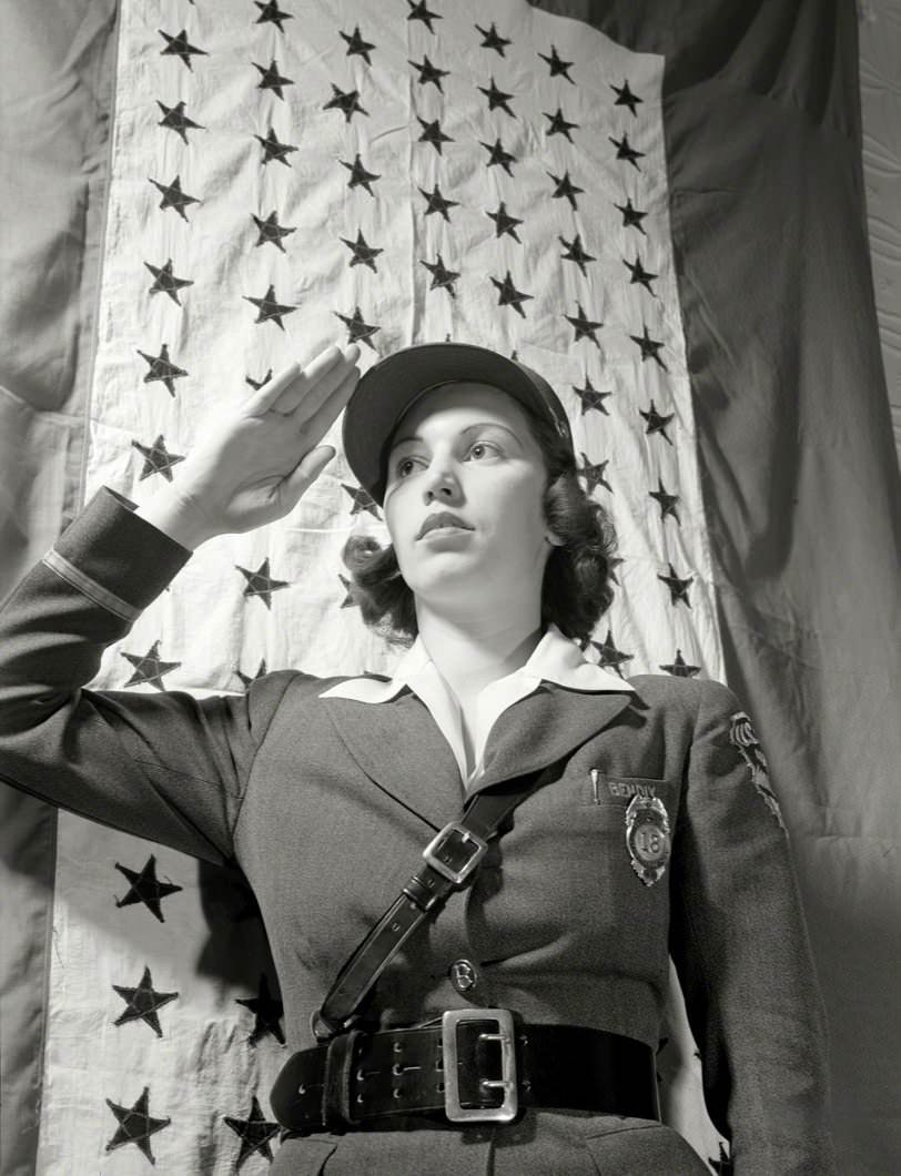 Safe Clothes For Women War Workers. Estelle Hendel, Twenty-Eight, A Guard At The Bendix Aviation Plant In Brooklyn, New York City, 1943