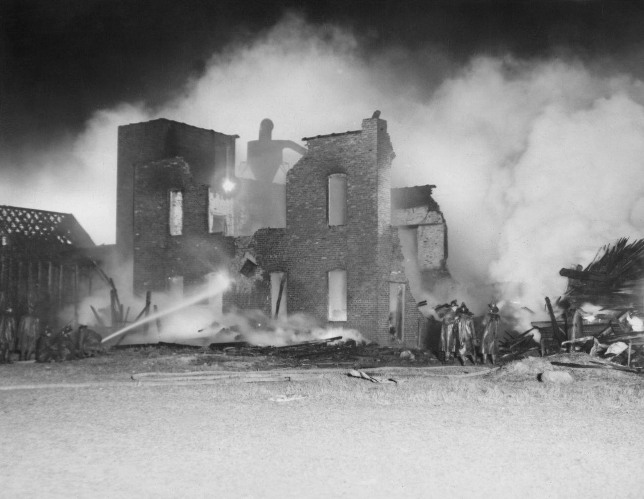 Firefighters Tackling Timber Yard Fire On Rockaway Avenue, Brooklyn, 1945