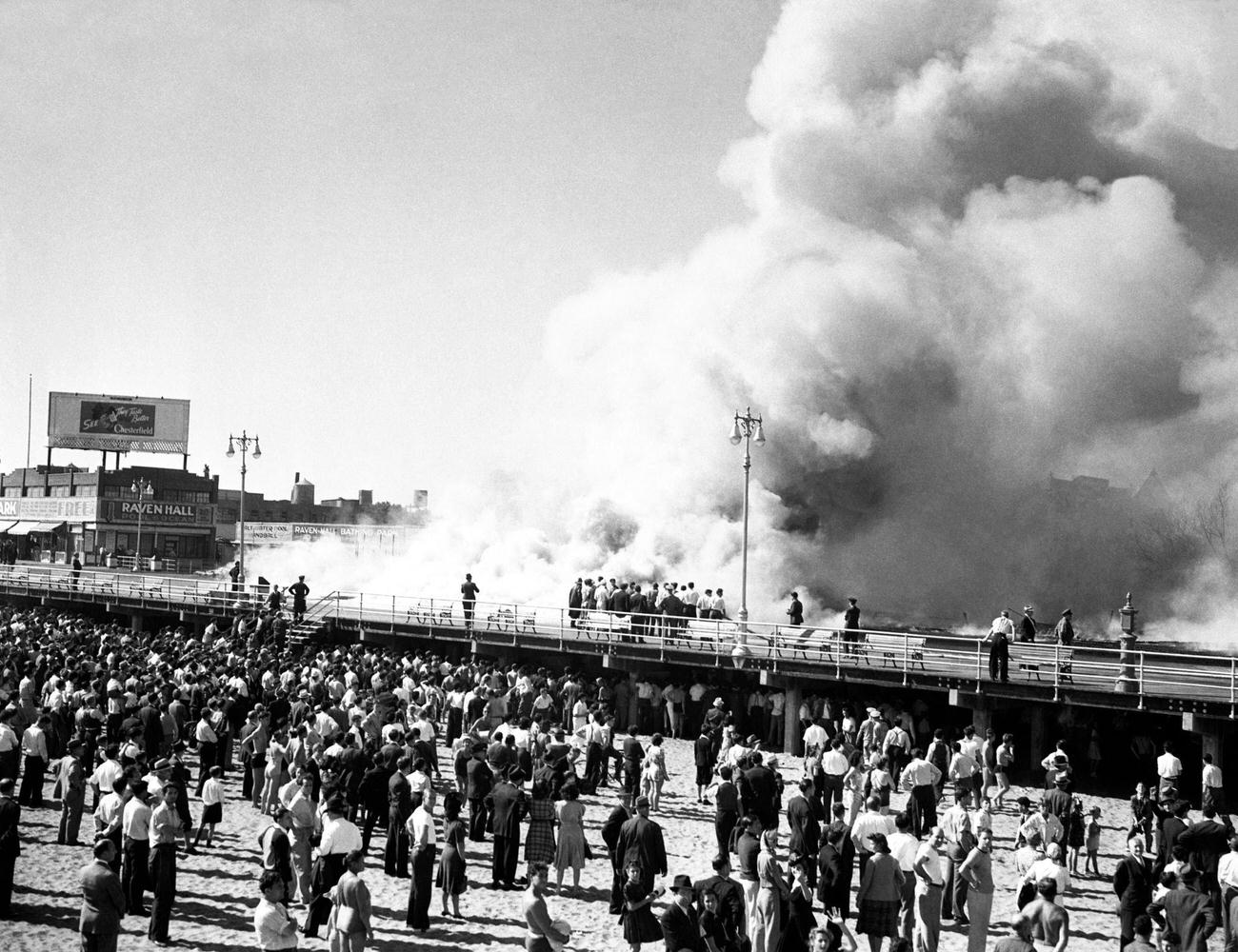 Crowd Watches Boardwalk Fire In Brooklyn, 1945.
