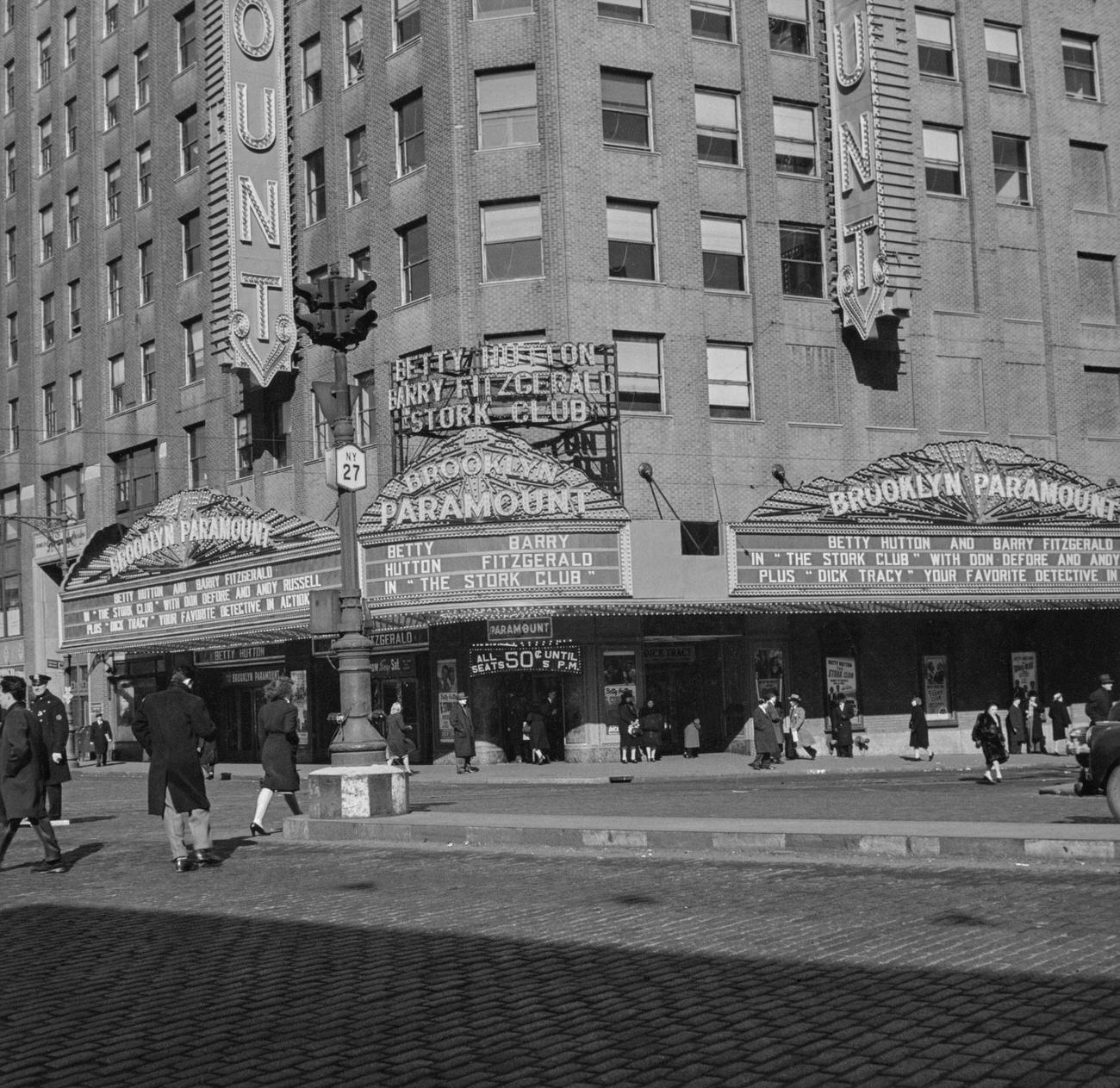Marquee Of Brooklyn Paramount Theater Advertises 'The Stork Club', 1945.
