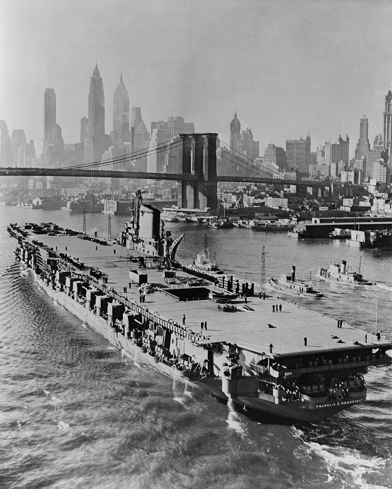 Uss Franklin D. Roosevelt Prepares To Pass Under Brooklyn Bridge, 1945.