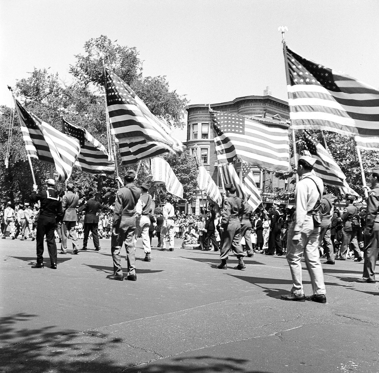 Flags Waving In A Brooklyn Military Parade, 1948