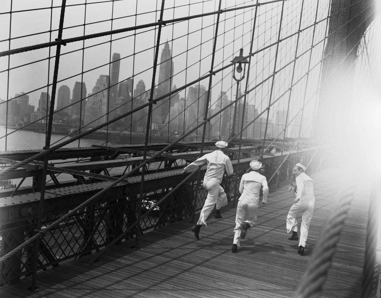 Actors Dressed As Sailors On Brooklyn Bridge For 'On The Town,' 1949