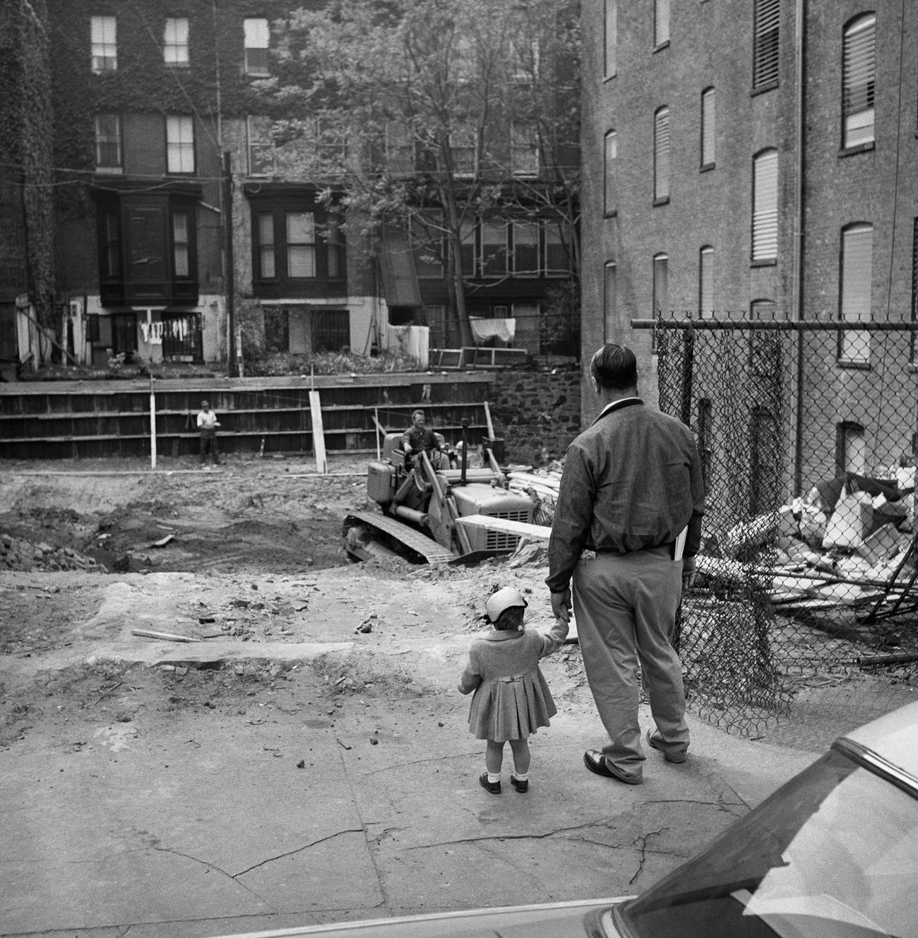 Father And Daughter Watch Construction In Brooklyn Heights, 1958.