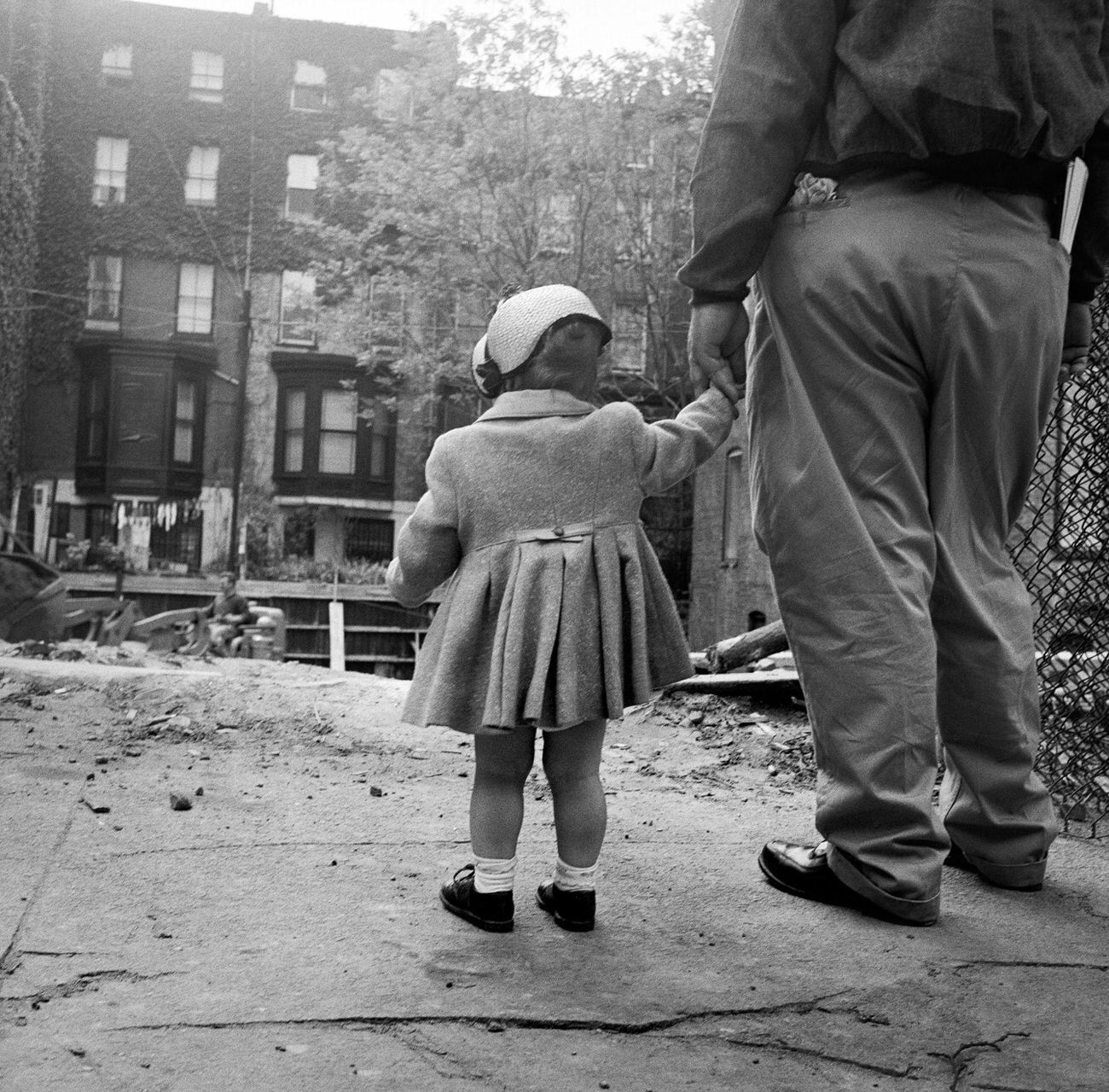 Father And Daughter Watch Construction In Brooklyn Heights, 1958.