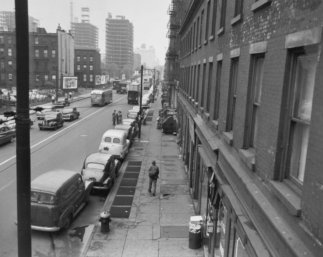 Pedestrian And Traffic On Unspecified Street In Brooklyn, 1950.