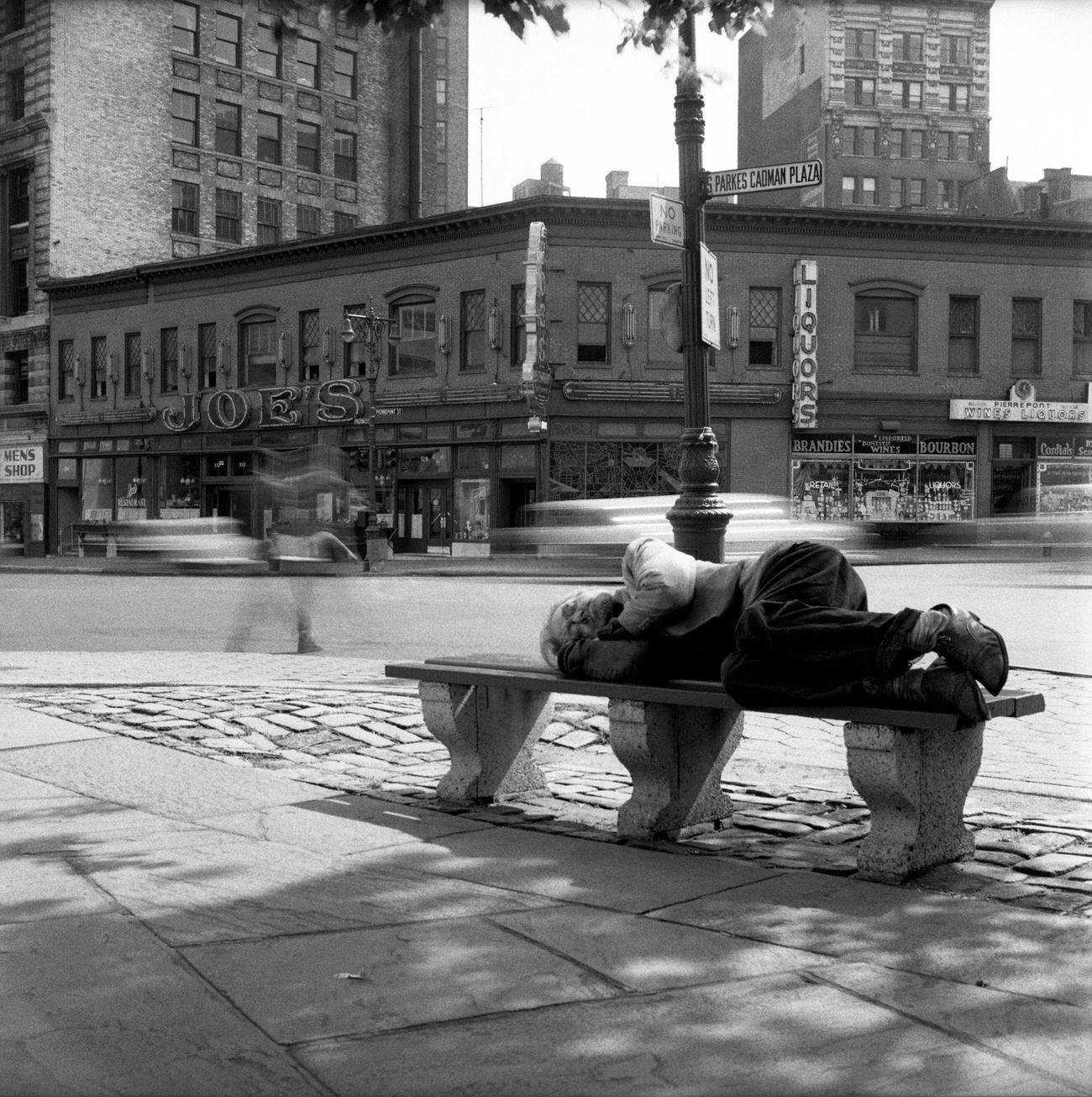 Homeless Man Sleeps In Front Of Joe'S Restaurant In Brooklyn Heights, 1958.