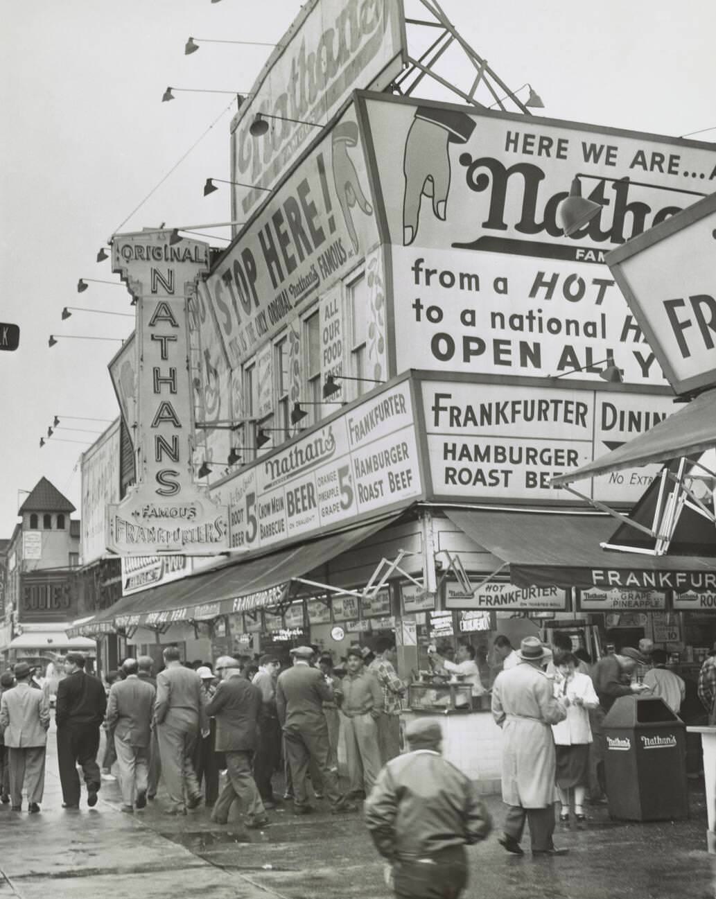 Nathan'S Hot Dogs Stand On The Coney Island Boardwalk, 1954.