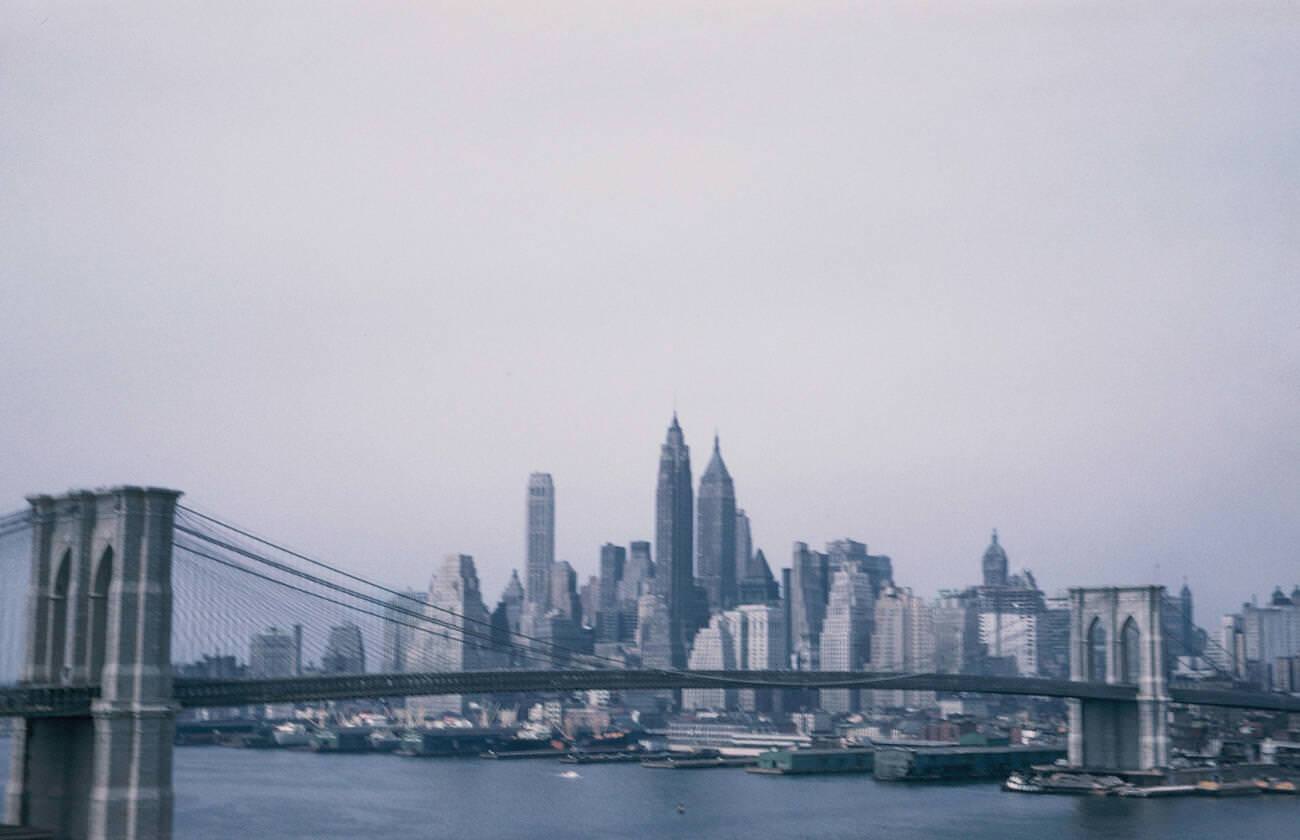 New York Skyline Viewed From The Brooklyn Bridge, 1958.