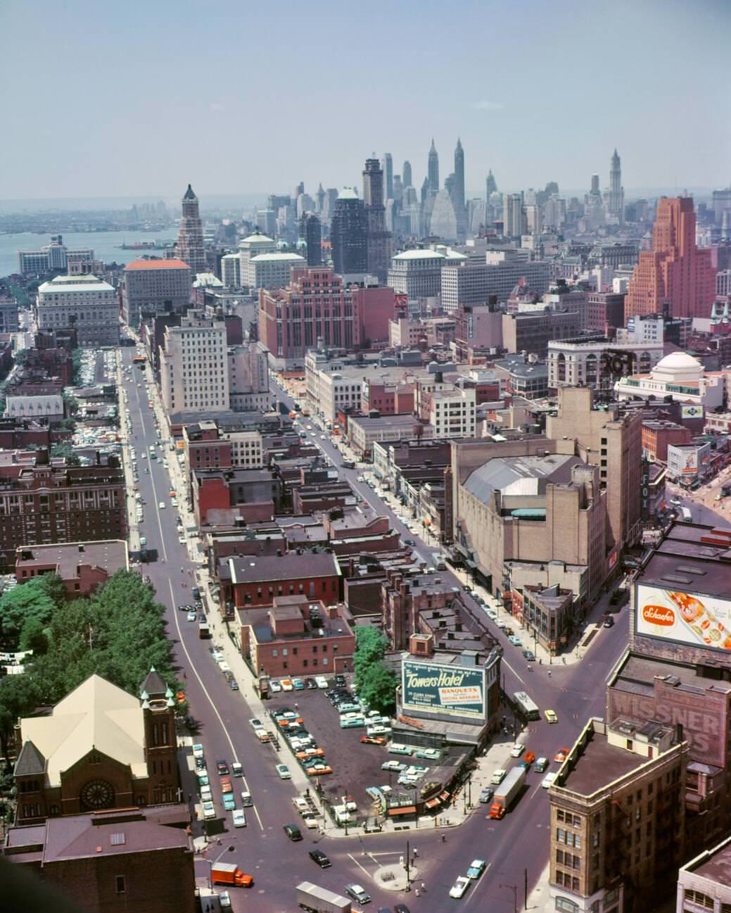 Aerial View Of Downtown Brooklyn From Williamsburg Savings Bank Roof, With Manhattan In The Background, 1950S.
