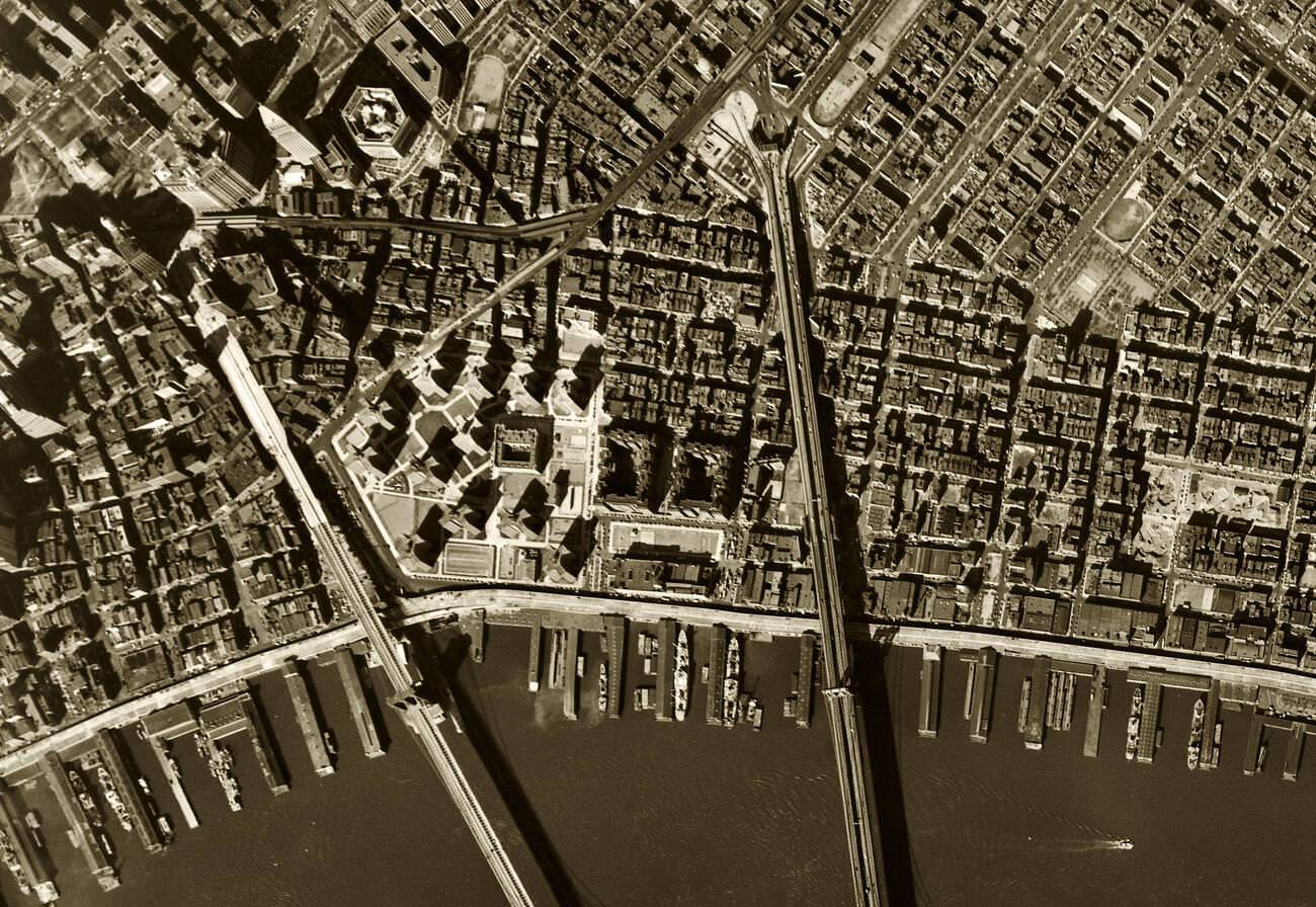 Aerial Map Of Brooklyn And Manhattan Bridges Over The East River, 1954.