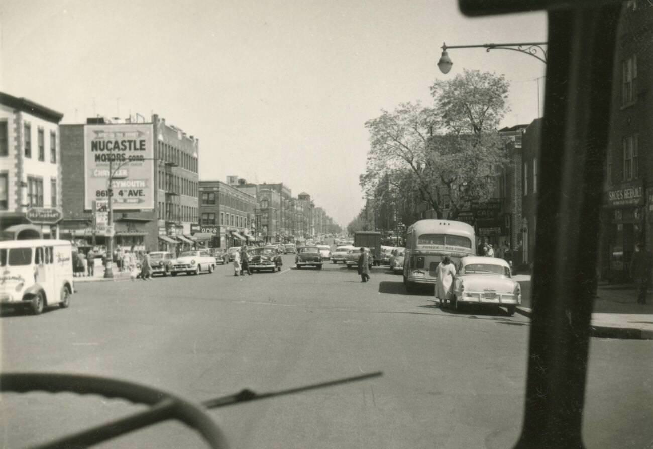 Cars And Pedestrians On Avenue H, Brooklyn, 1950S.