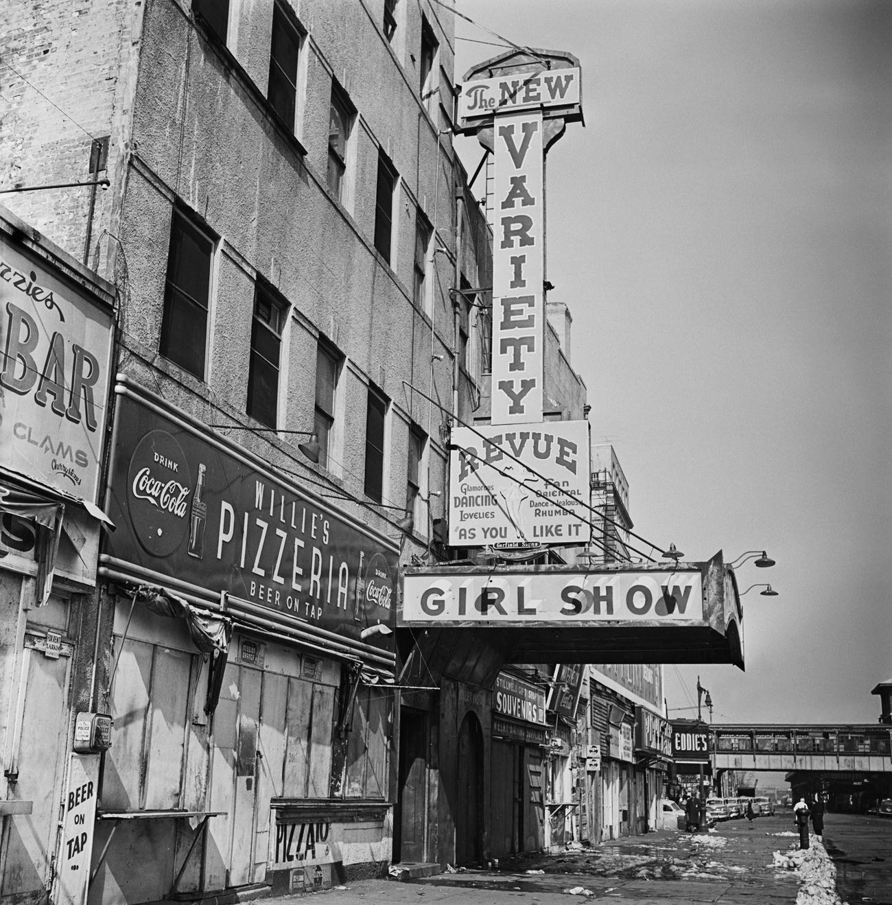 Dilapidated Exterior Of 'The New Variety Revue' In Coney Island, Brooklyn, 1950.