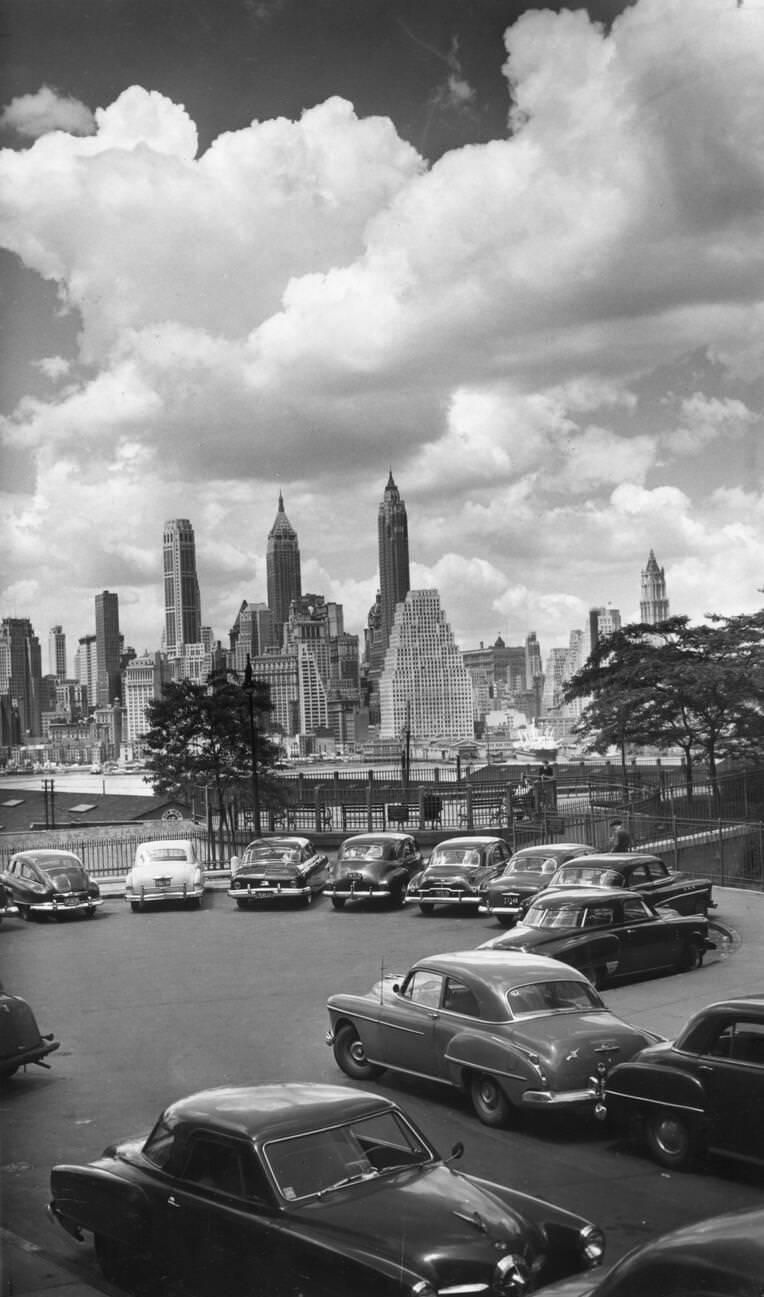 Brooklyn Heights View Of Skyscrapers Looming Against Clouds Across The East River, 1950S