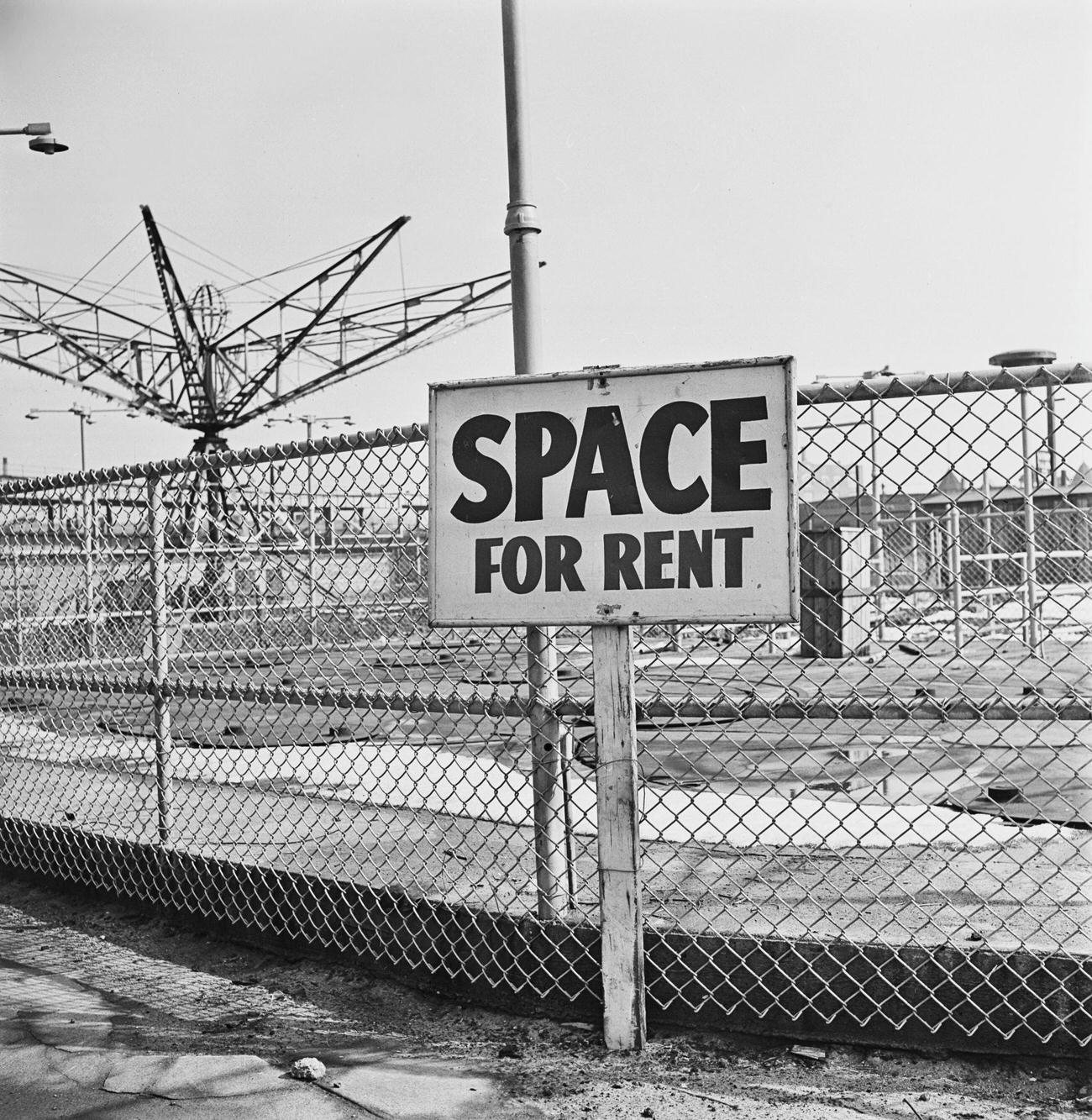 'Space For Rent' Placard At Coney Island, Brooklyn, 1950.