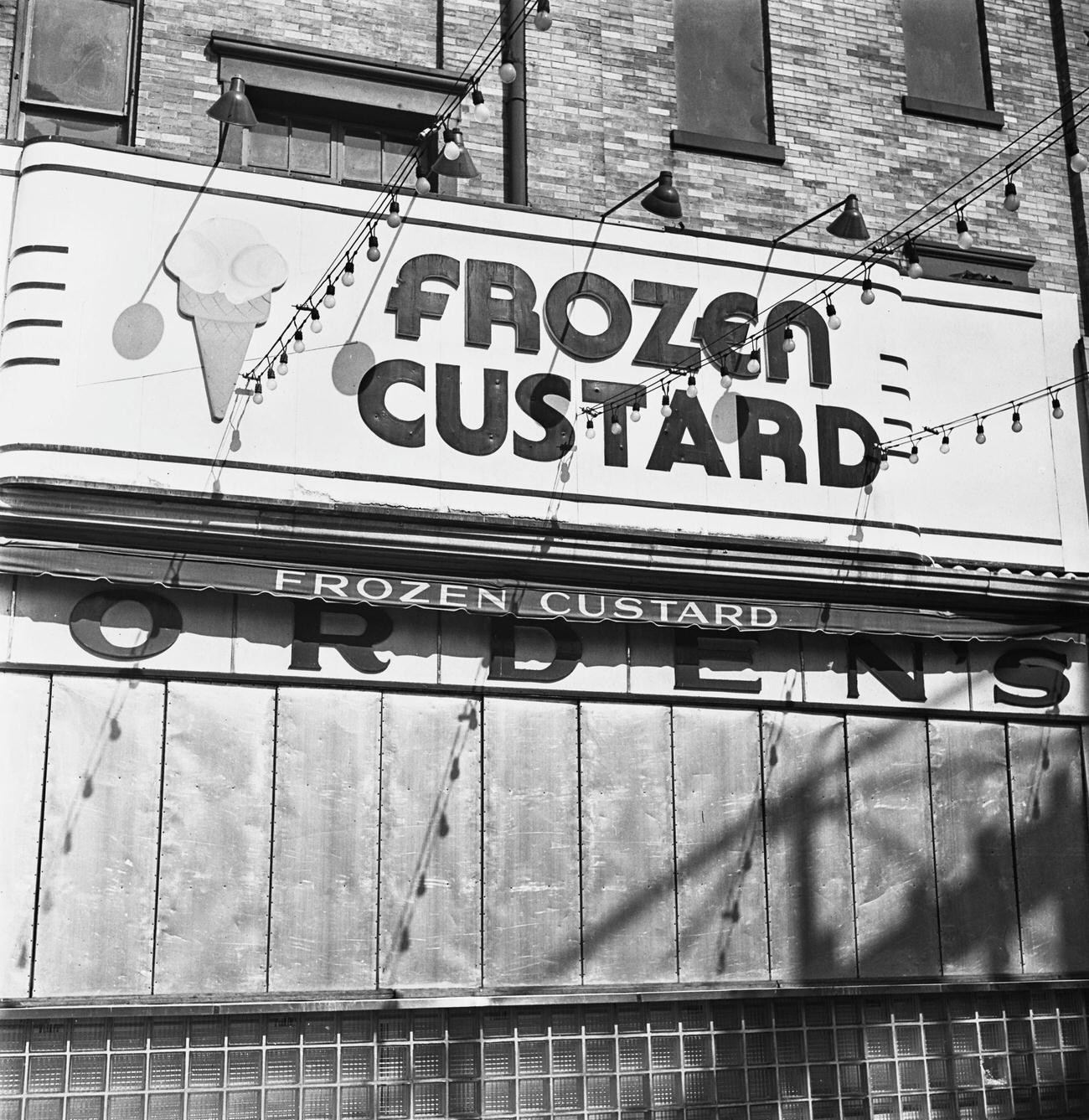 Shuttered Storefront With 'Frozen Custard' Sign At Coney Island, Brooklyn, 1950.