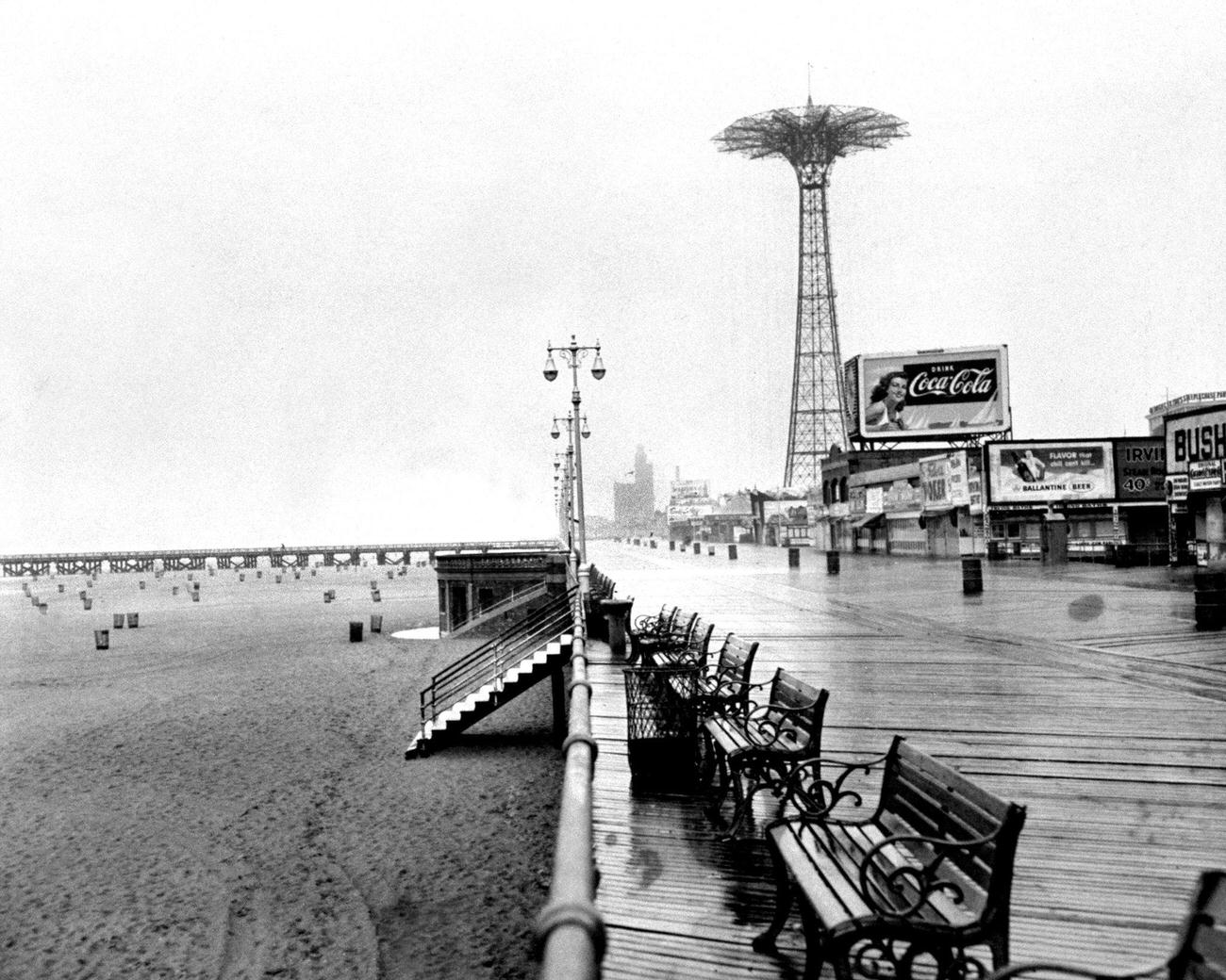 Empty Coney Island Boardwalk On A Wet Labor Day, Brooklyn.