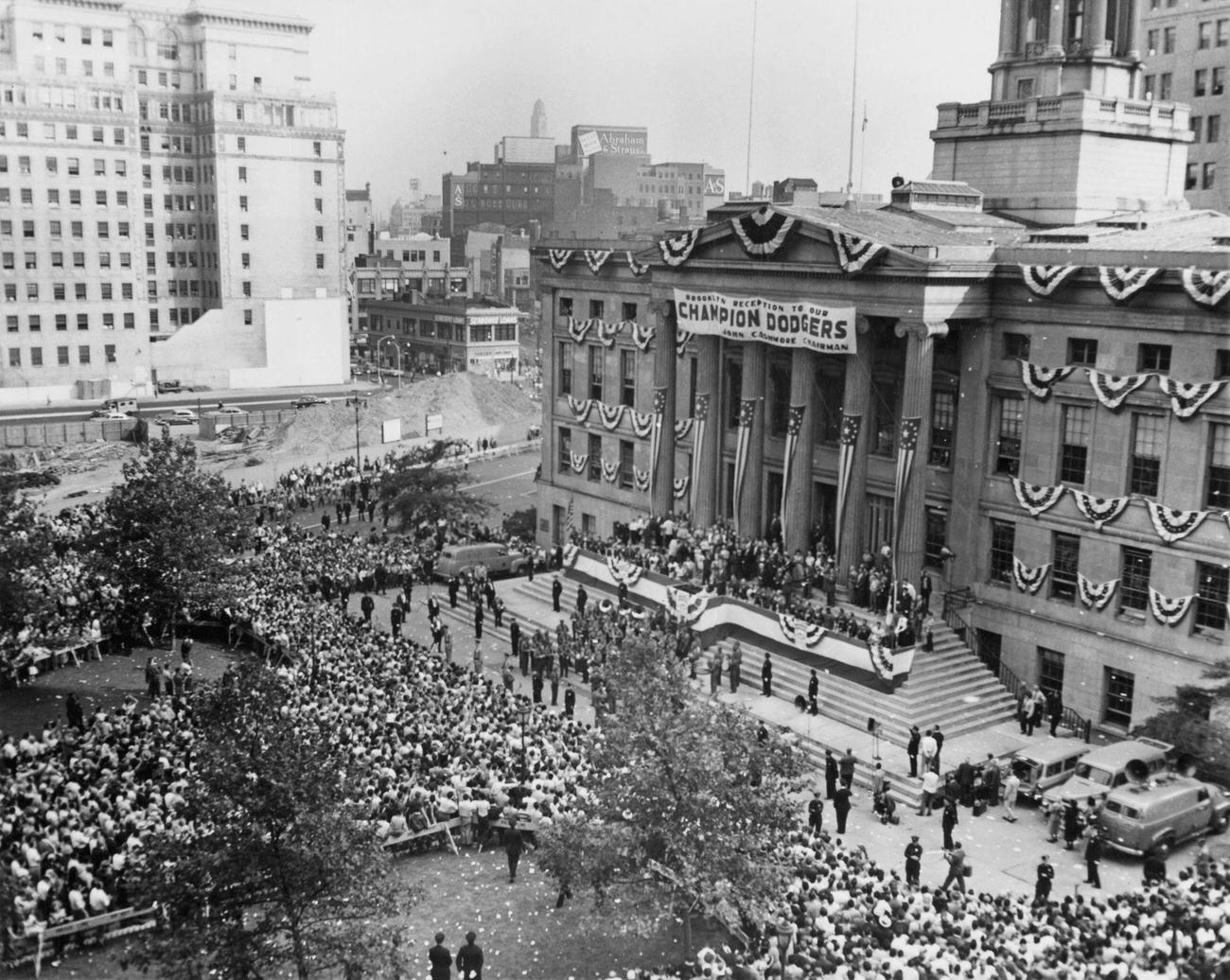 Banner Across Brooklyn Borough Hall During Dodger Victory Celebration Day, Brooklyn, 1955.