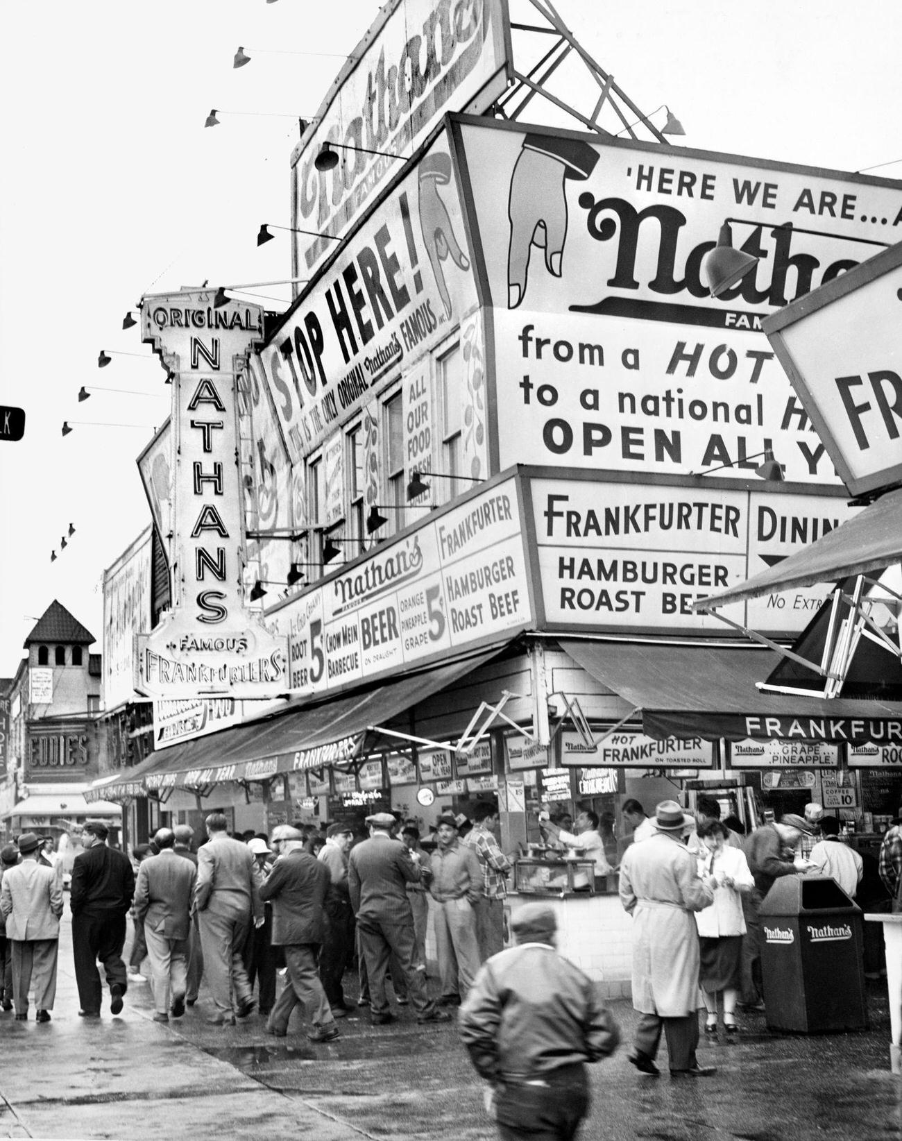 Nathan'S Famous Hot Dogs Street Scene In Coney Island, Brooklyn, 1954.