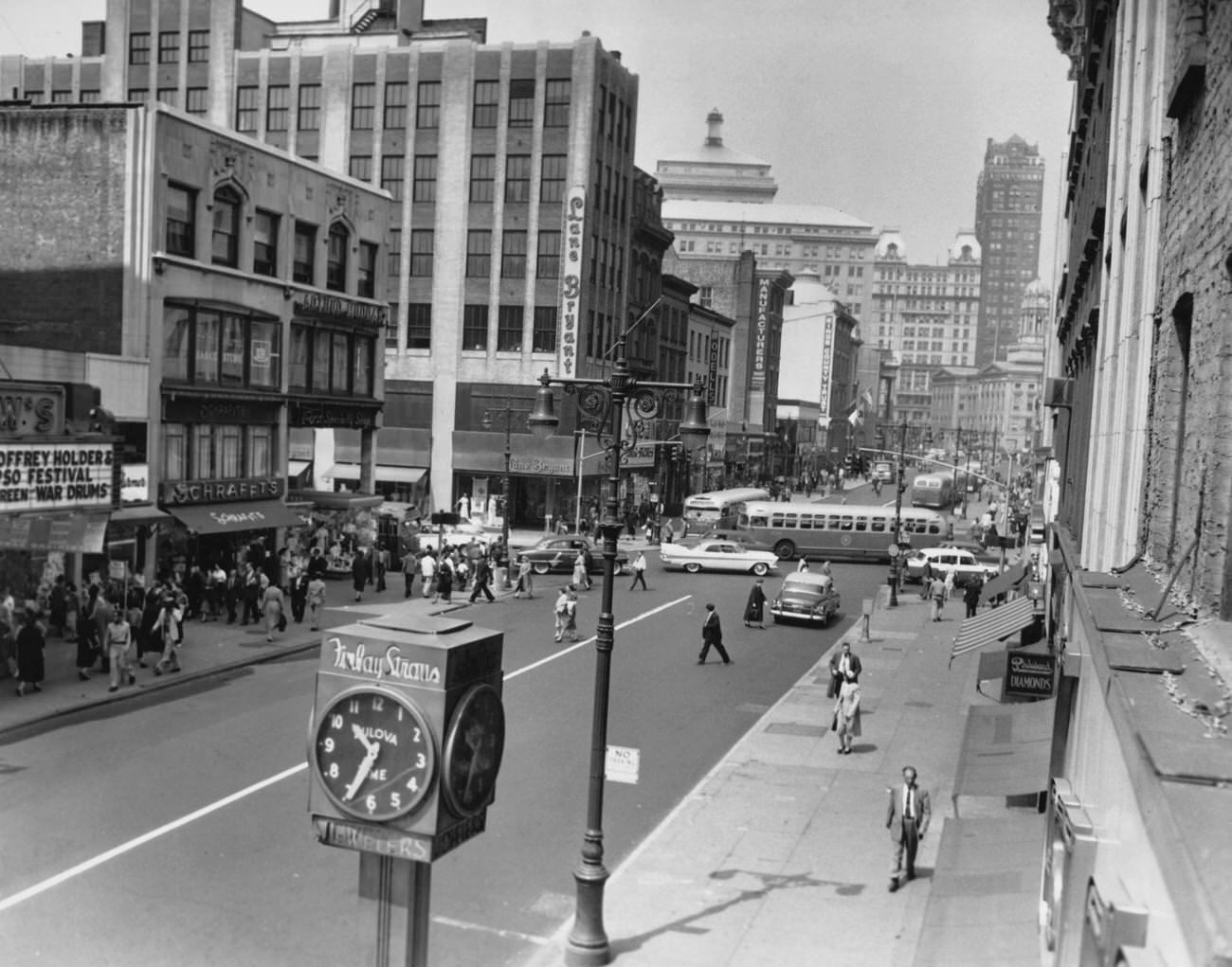 View Of 'Department Store Row' On Fulton Street Towards Borough Hall, Brooklyn, 1957.
