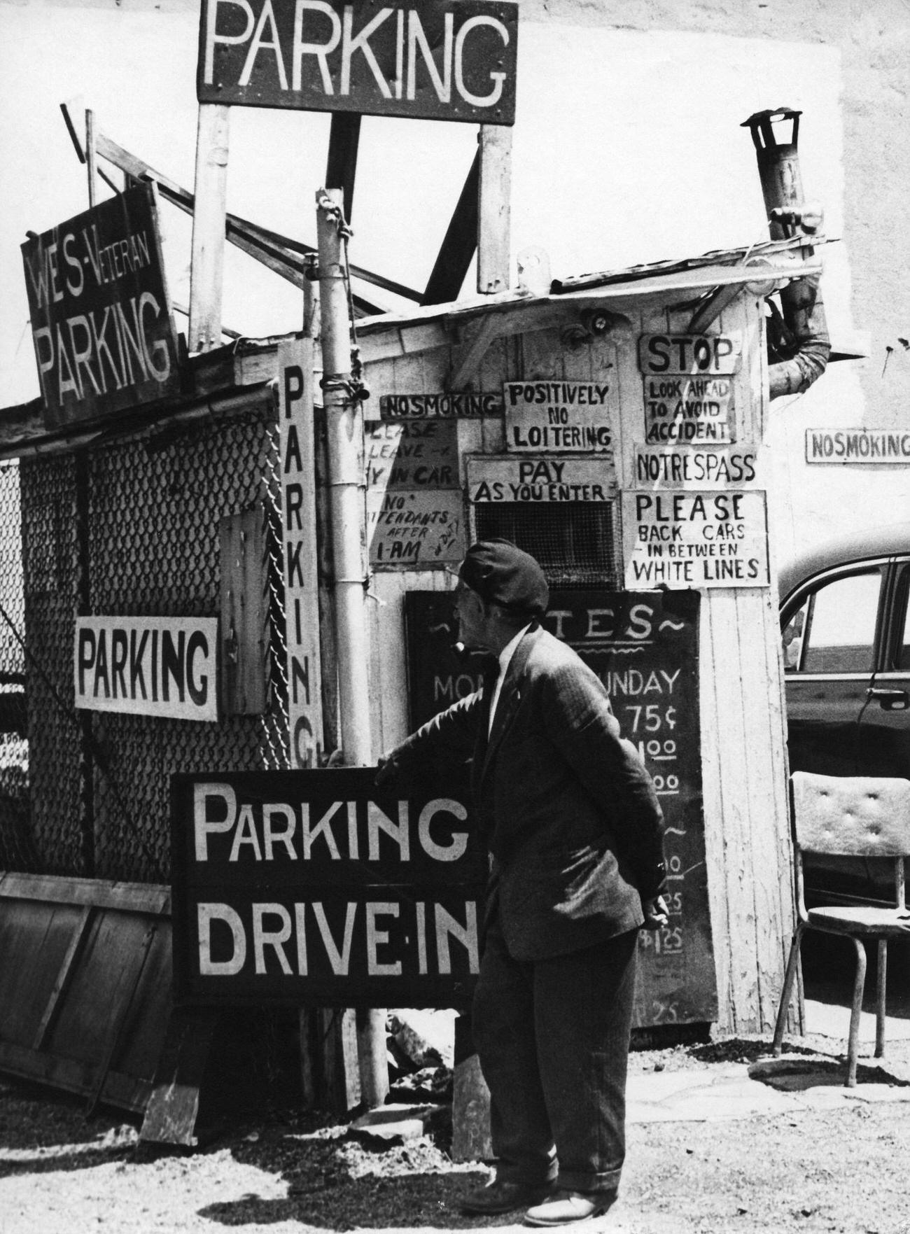Car Park Attendant Among Signs In Brooklyn Heights, 1958.