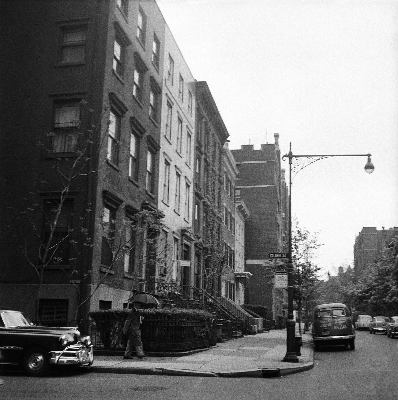 Man Walking In The Rain On Clark Street, Brooklyn Heights, 1958.