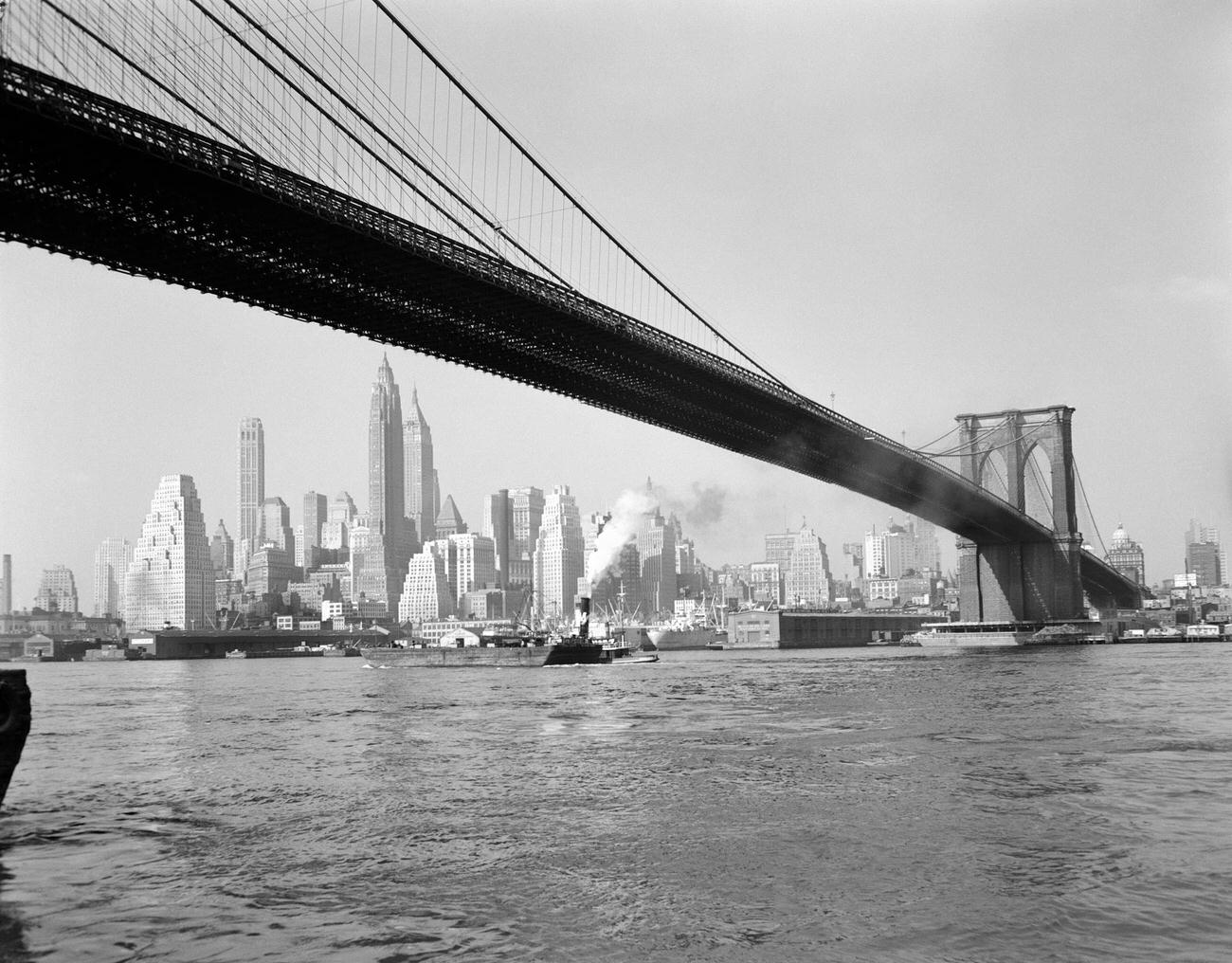Skyline Of Lower Manhattan With Brooklyn Bridge From Brooklyn, 1950S.