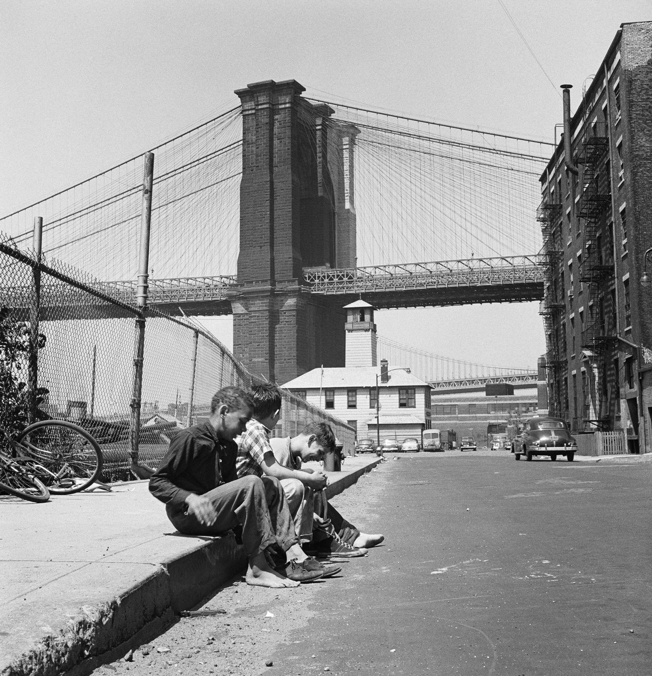Kids With Brooklyn Bridge Behind Them In Brooklyn Heights, 1958.