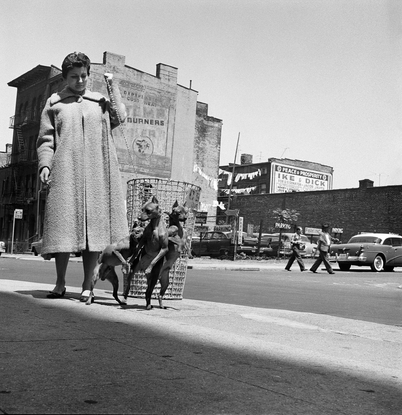 Woman Walks Dogs With An Eisenhower-Nixon Billboard In The Background, Brooklyn Heights, 1958.