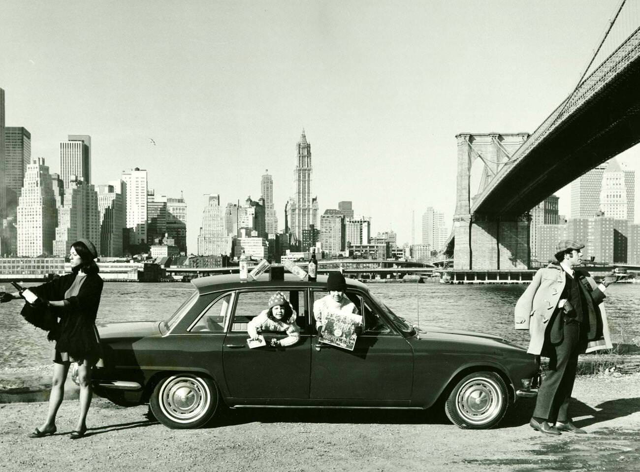 Peter Udell, His Wife Joan, And Their Children Christopher And Jennifer Against The Manhattan Skyline And Brooklyn Bridge, 1969.