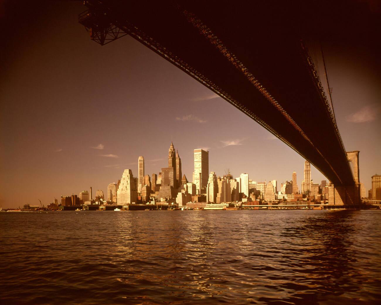 Construction Crane Of The World Trade Center Visible Under The Brooklyn Bridge, 1960S.