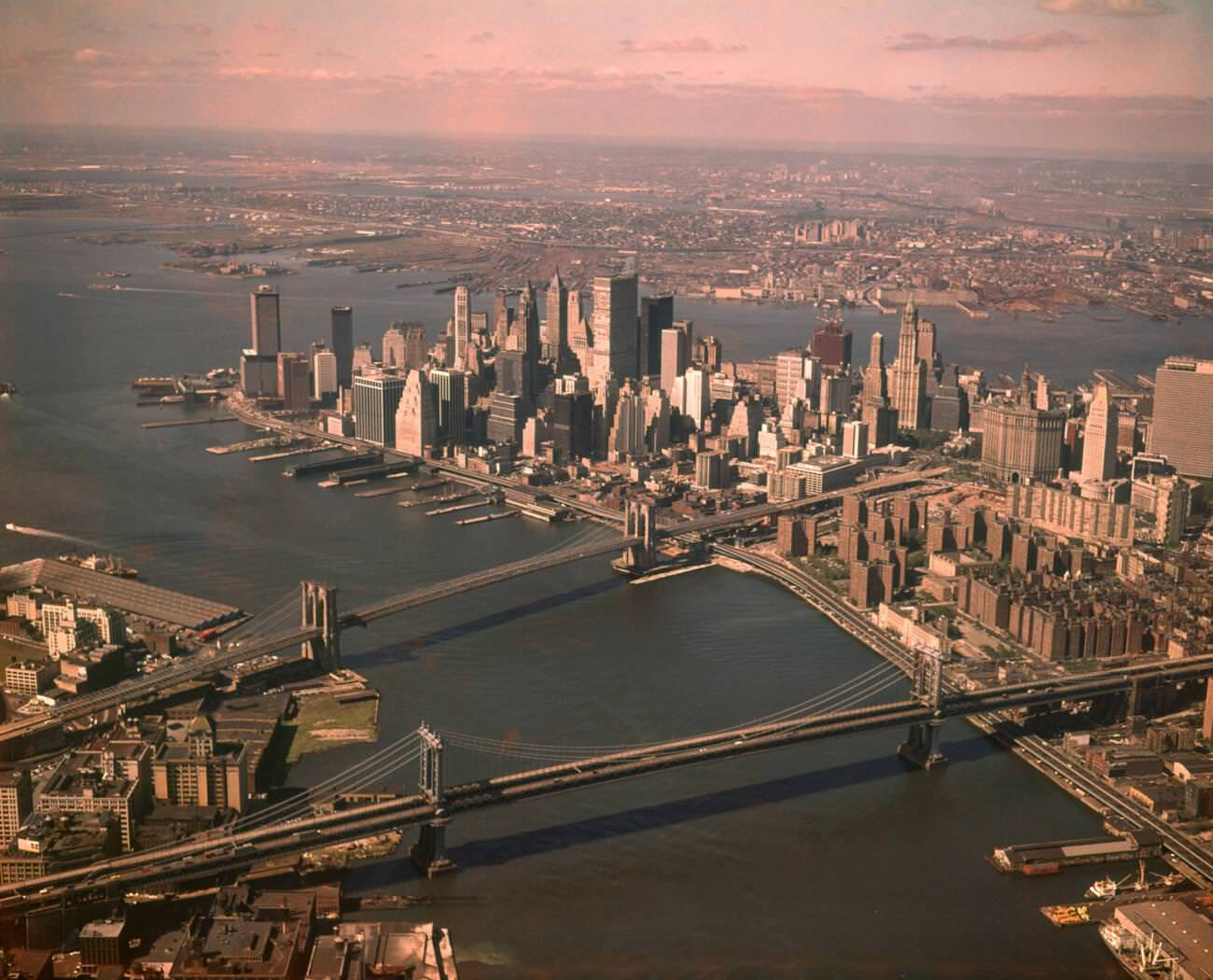 Aerial View Of Downtown Manhattan With Brooklyn And Manhattan Bridge, Brooklyn, 1970S