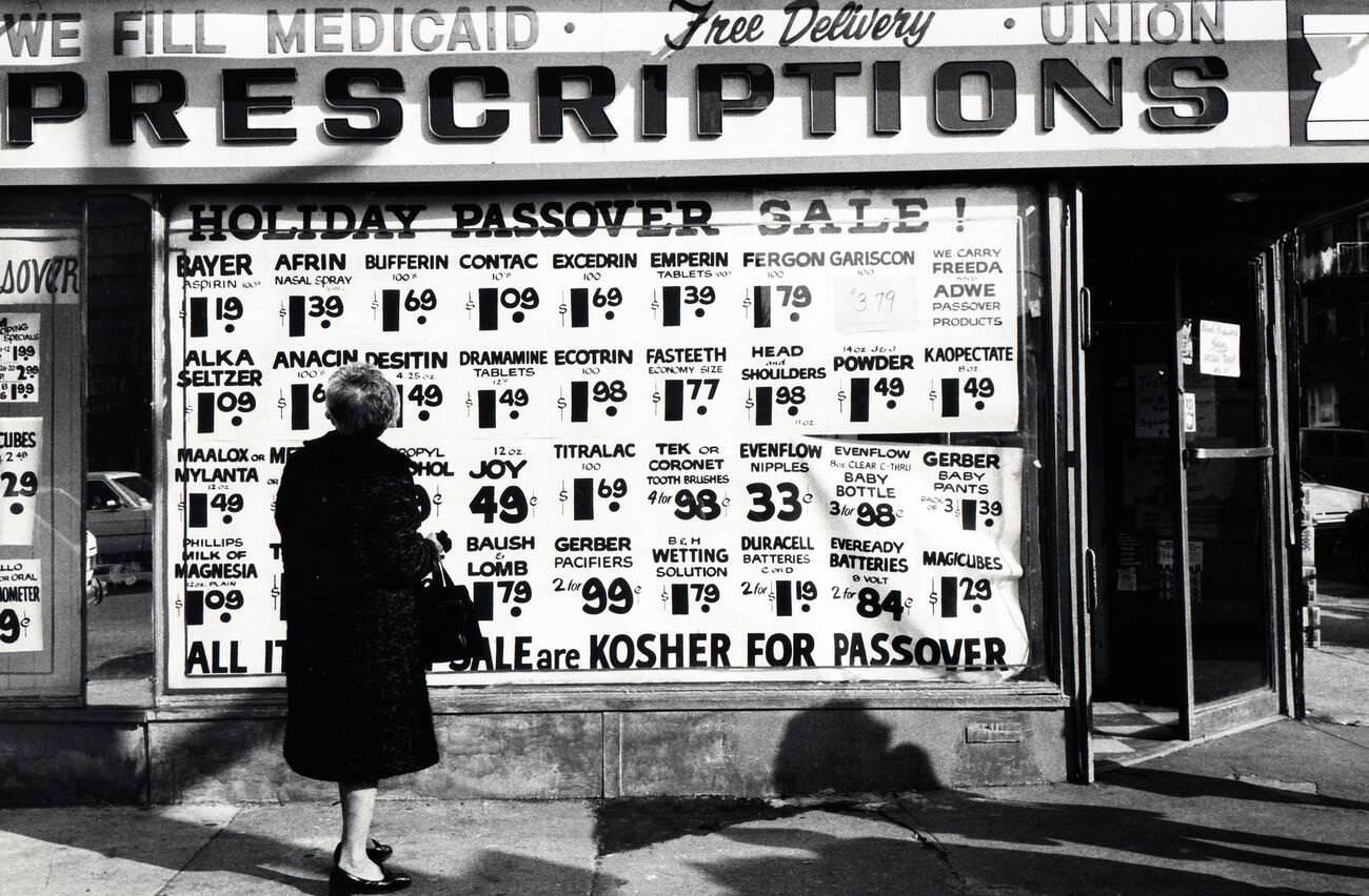 Exterior Of A Drugstore Selling Kosher Items In Borough Park, Brooklyn, 1977.