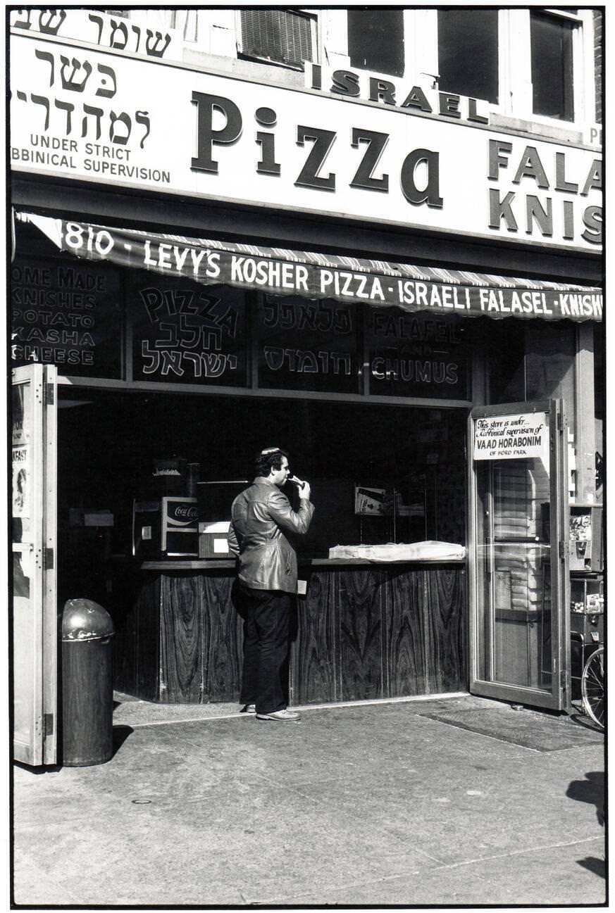 Orthodox Man Eats Kosher Pizza At Levy'S In Borough Park, Brooklyn, 1978.