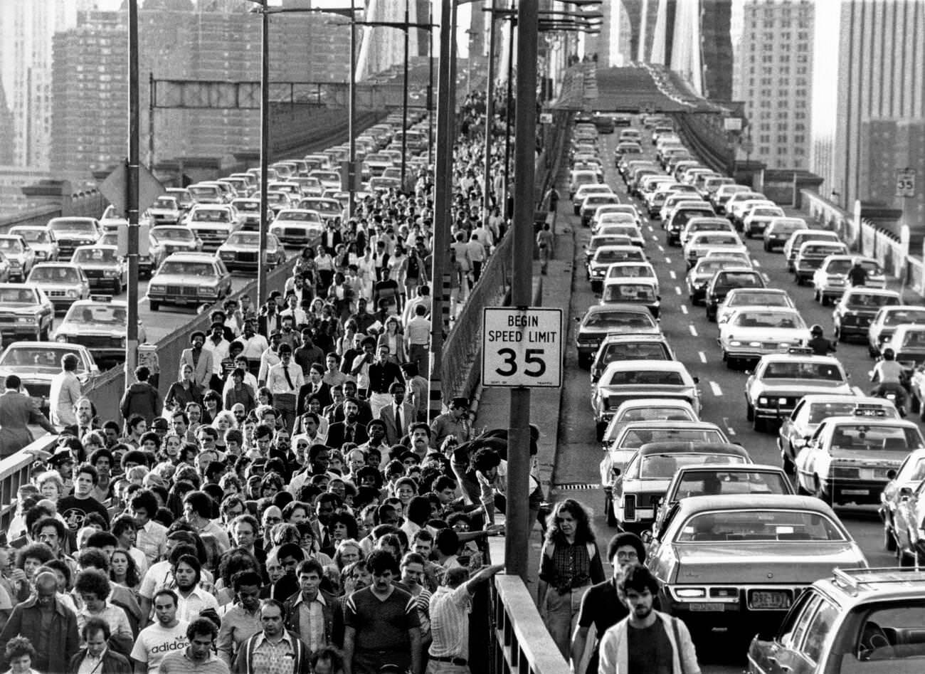 Brooklyn Bridge Jammed Due To Power Outage Affecting Subway, 1978.