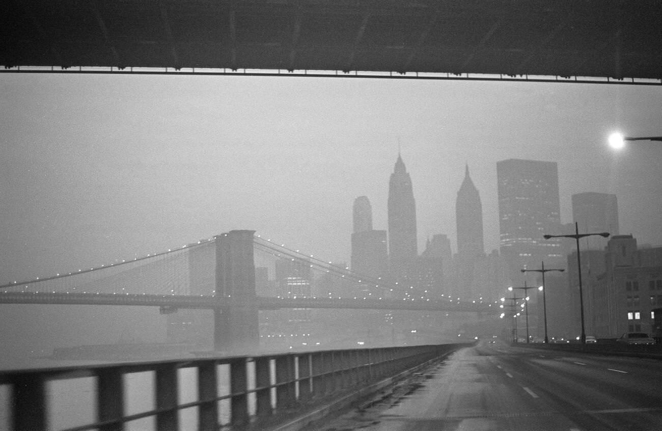 View Of New York Skyline And Brooklyn Bridge, 1970.