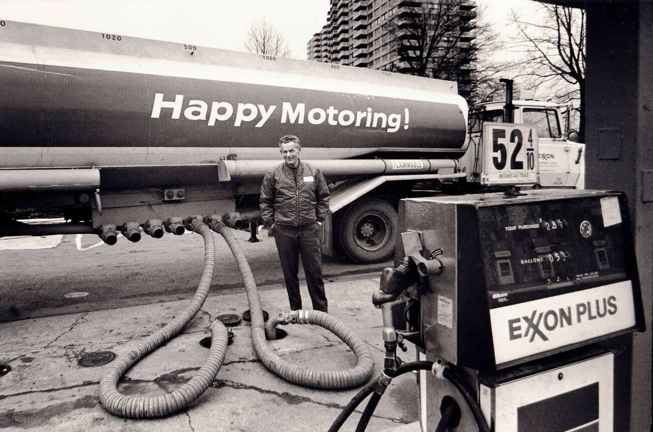 Exxon Truck Refills Gas Station Pumps In Brooklyn, 1975.