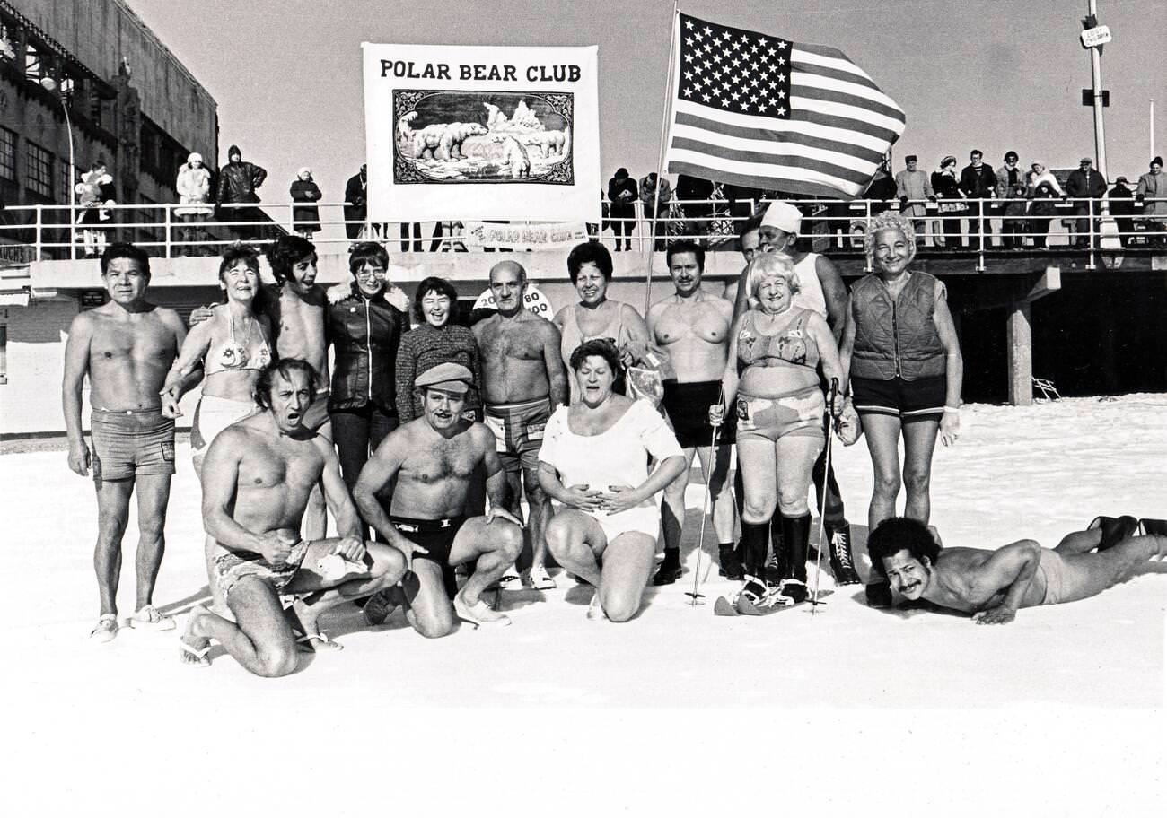 Polar Bear Club Group Portrait On A Snowy Day In Coney Island, Brooklyn, 1976.