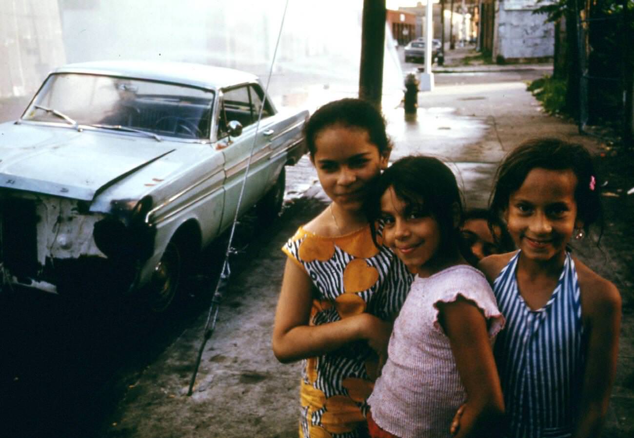 Three Young Girls On Bond Street In Brooklyn, 1974.