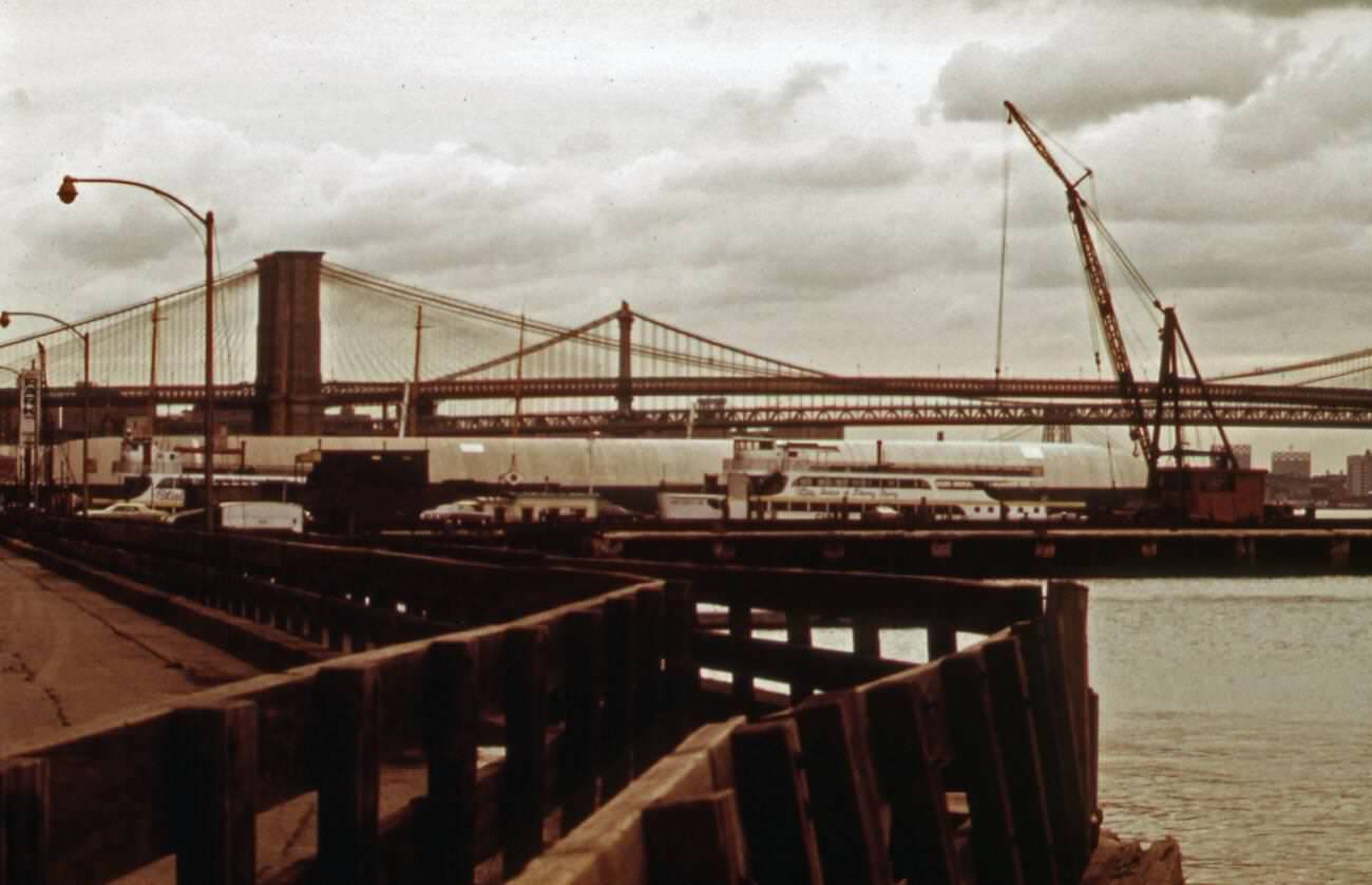 Brooklyn And Manhattan Bridges From The Marine And Aviation Terminal, 1973.