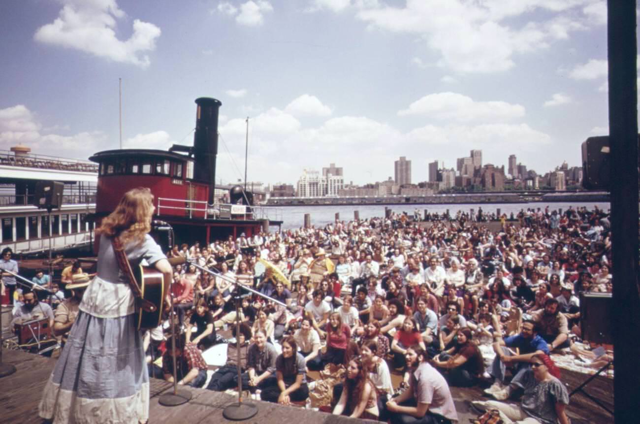 Folk Singing And Dancing Near Brooklyn Bridge, 1973.