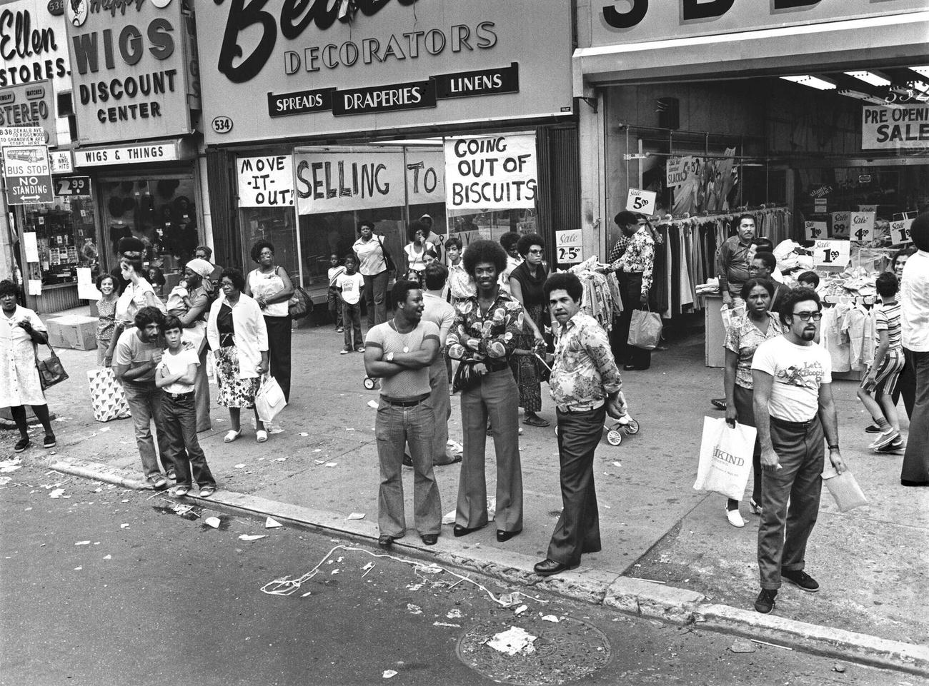 People On Crowded Brooklyn Sidewalk, 1977.