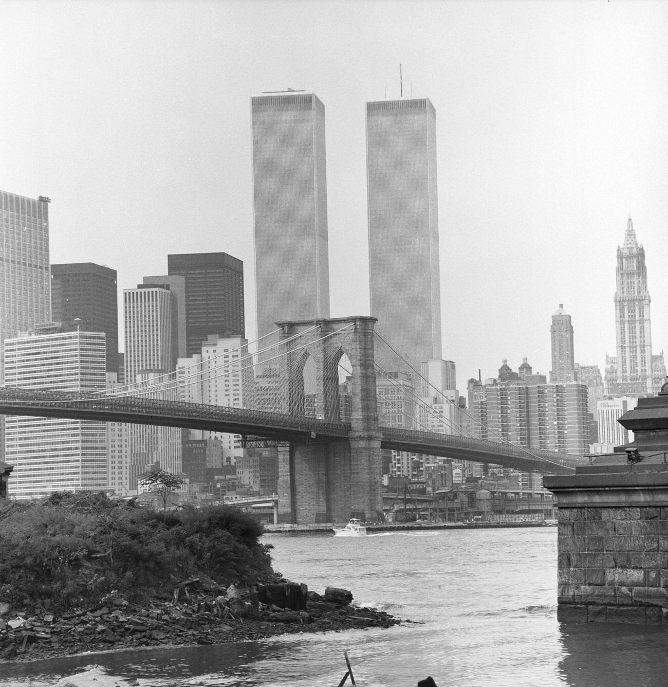 View Looking Southwest Across The East River To The Brooklyn Bridge And Twin Towers, Brooklyn, Circa 1978
