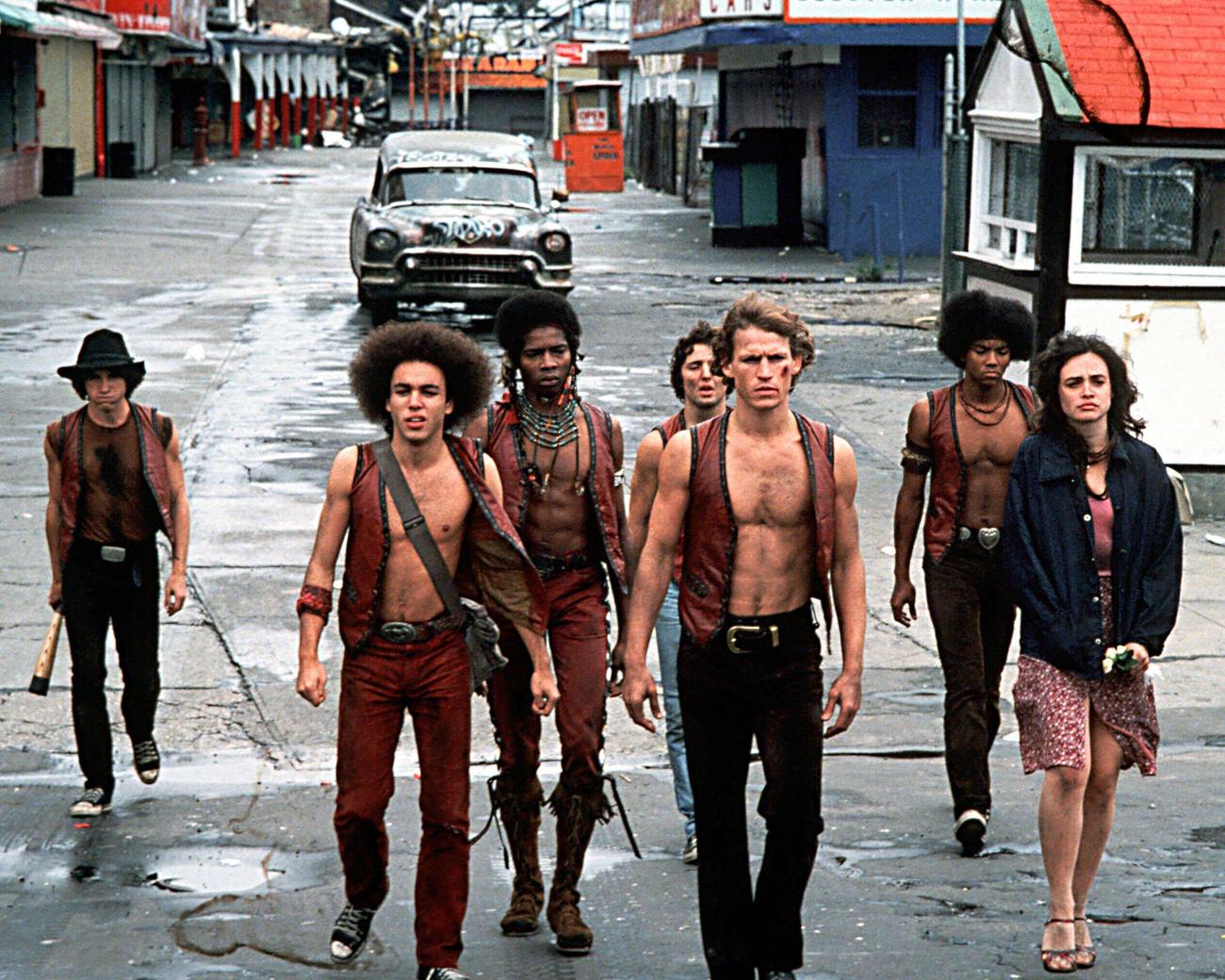 Scene From 'The Warriors' With The Gang Walking Along Bowery Street In Coney Island, Brooklyn, 1979