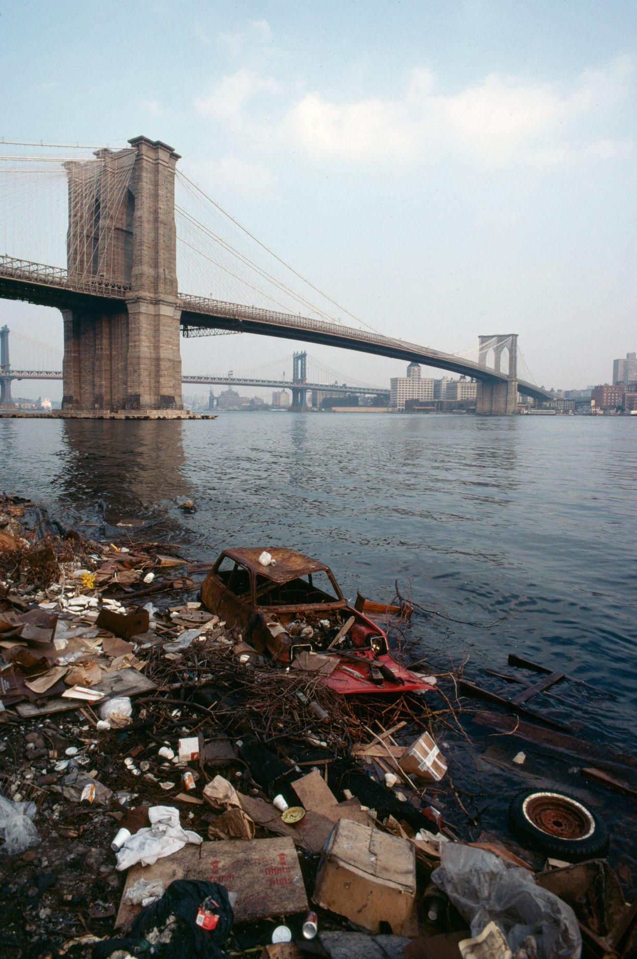 Pollution Along East River By Brooklyn Bridge, 1980