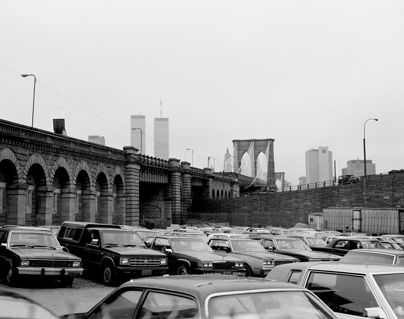 View Of Brooklyn Bridge And World Trade Center Towers, Brooklyn.
