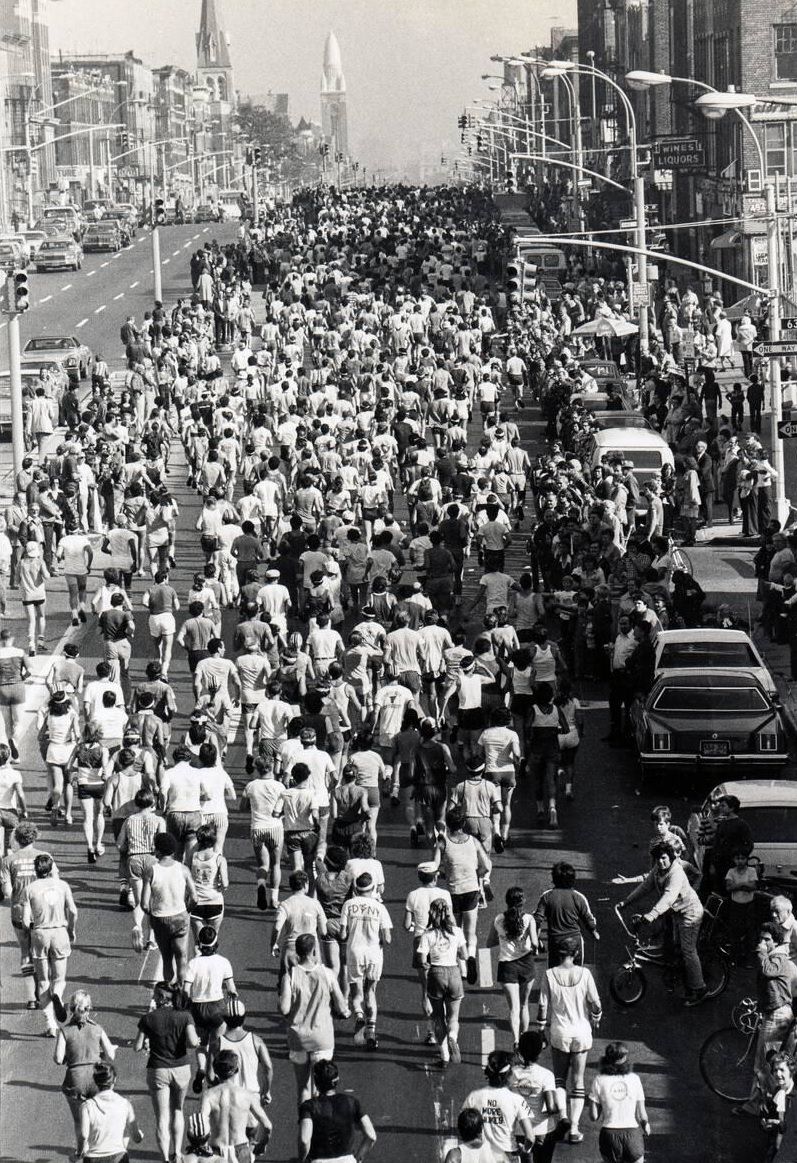 Runners On 4Th Avenue In Bay Ridge Viewed From The Gowanus Expressway, 1981.