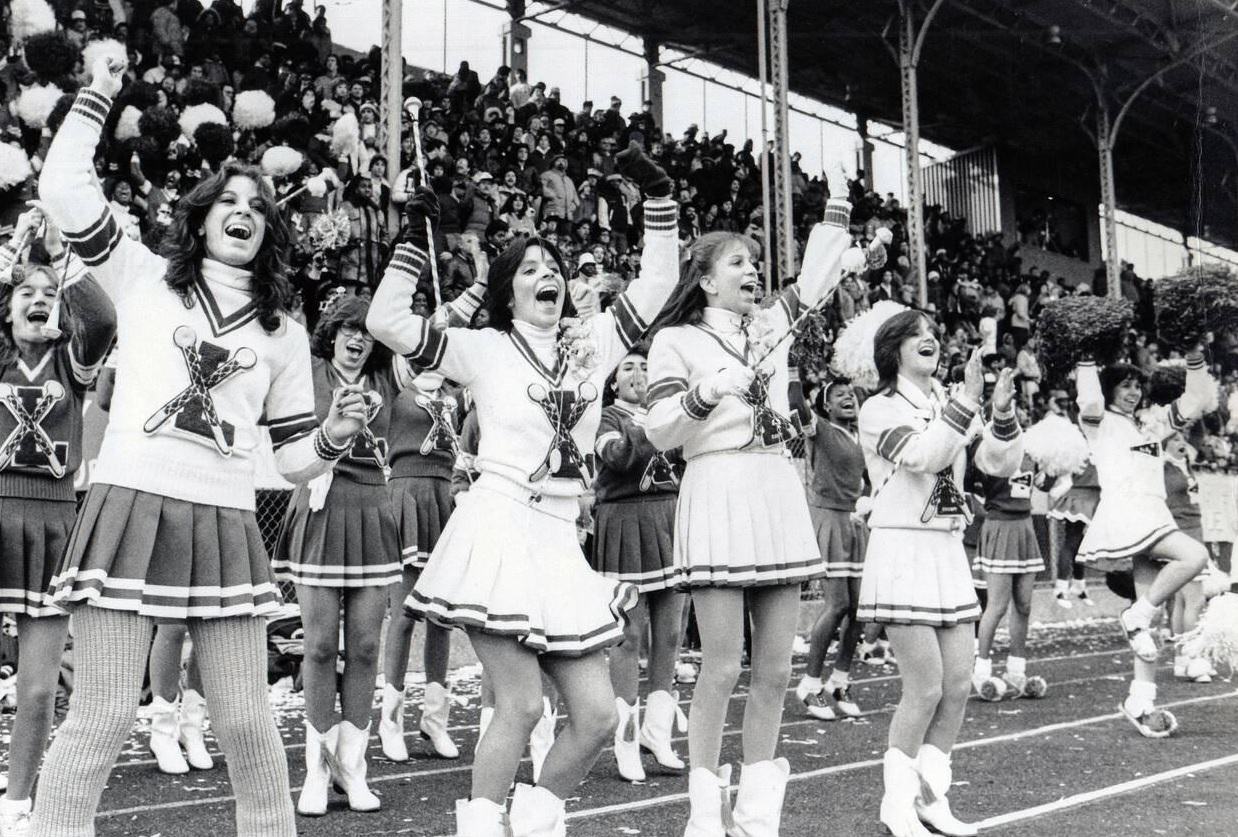 Lincoln High Cheerleaders React To A Touchdown At Midwood Field, Brooklyn, 1980.