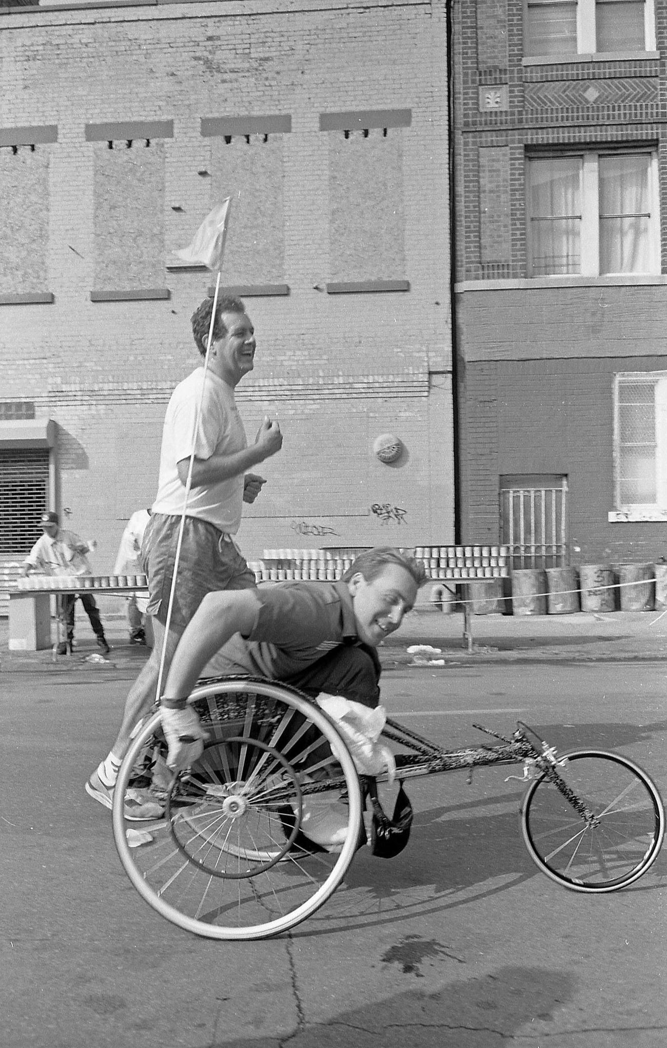 Runner And Wheelchair Racer In Nyc Marathon, Williamsburg, Brooklyn, 1992