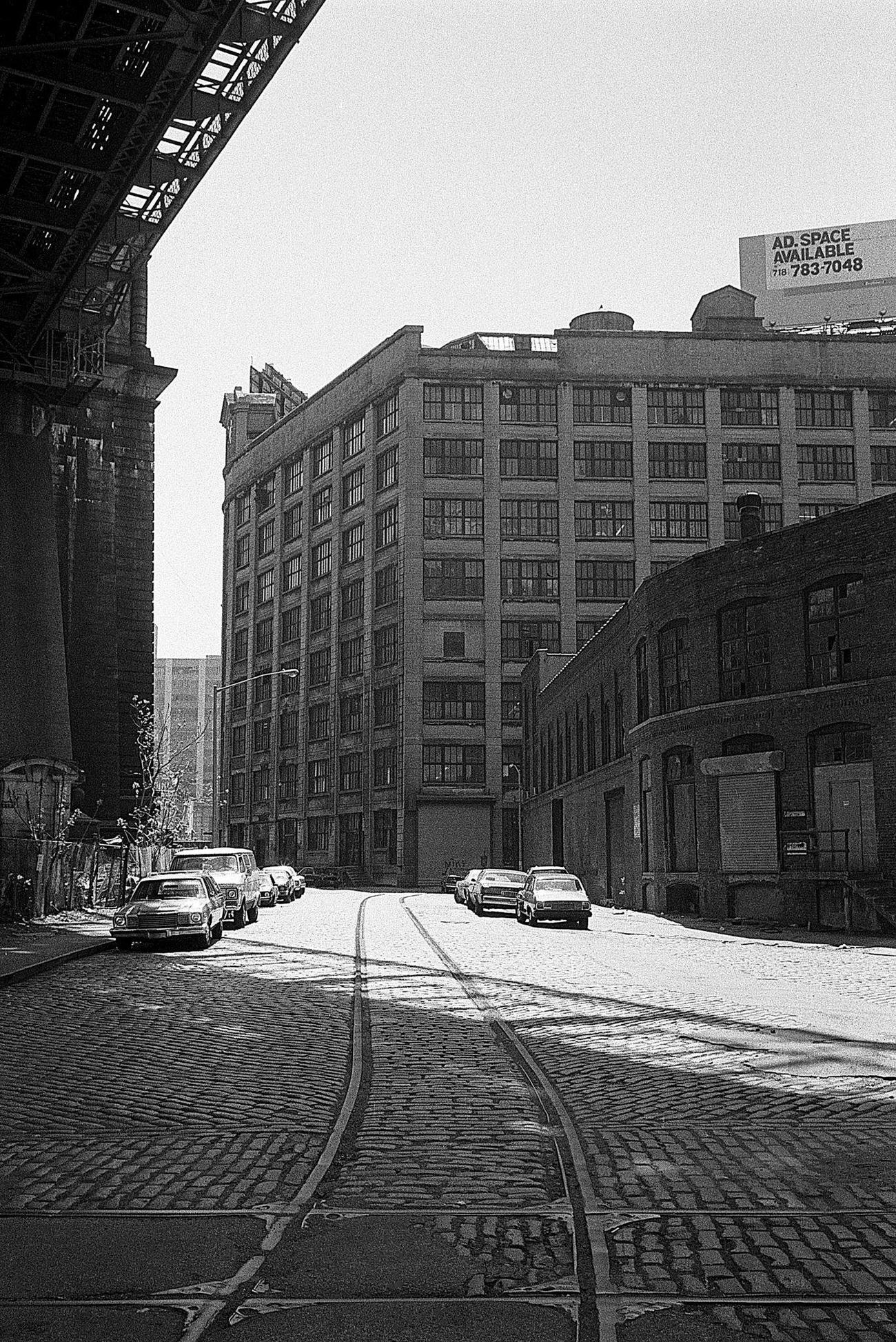 Trolley Tracks On Cobblestone Street Under Manhattan Bridge In Brooklyn, 1990